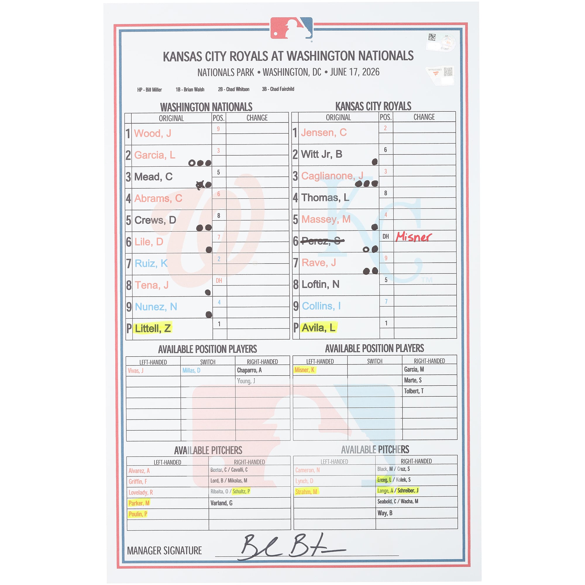 Washington Nationals Game-Used Lineup Card vs. Kansas City Royals on June 17, 2026