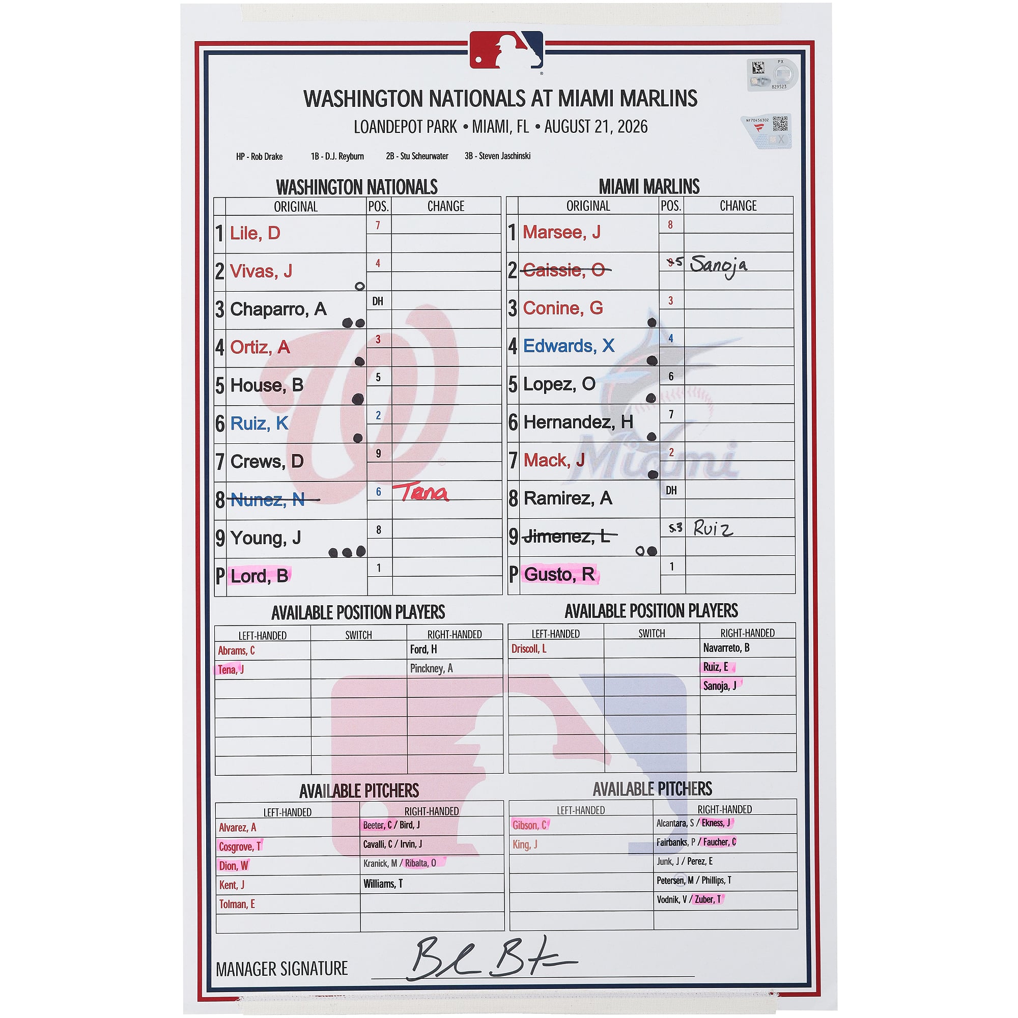 Feuille de composition utilisée par les Washington Nationals lors du match contre les Miami Marlins le 21 août 2026