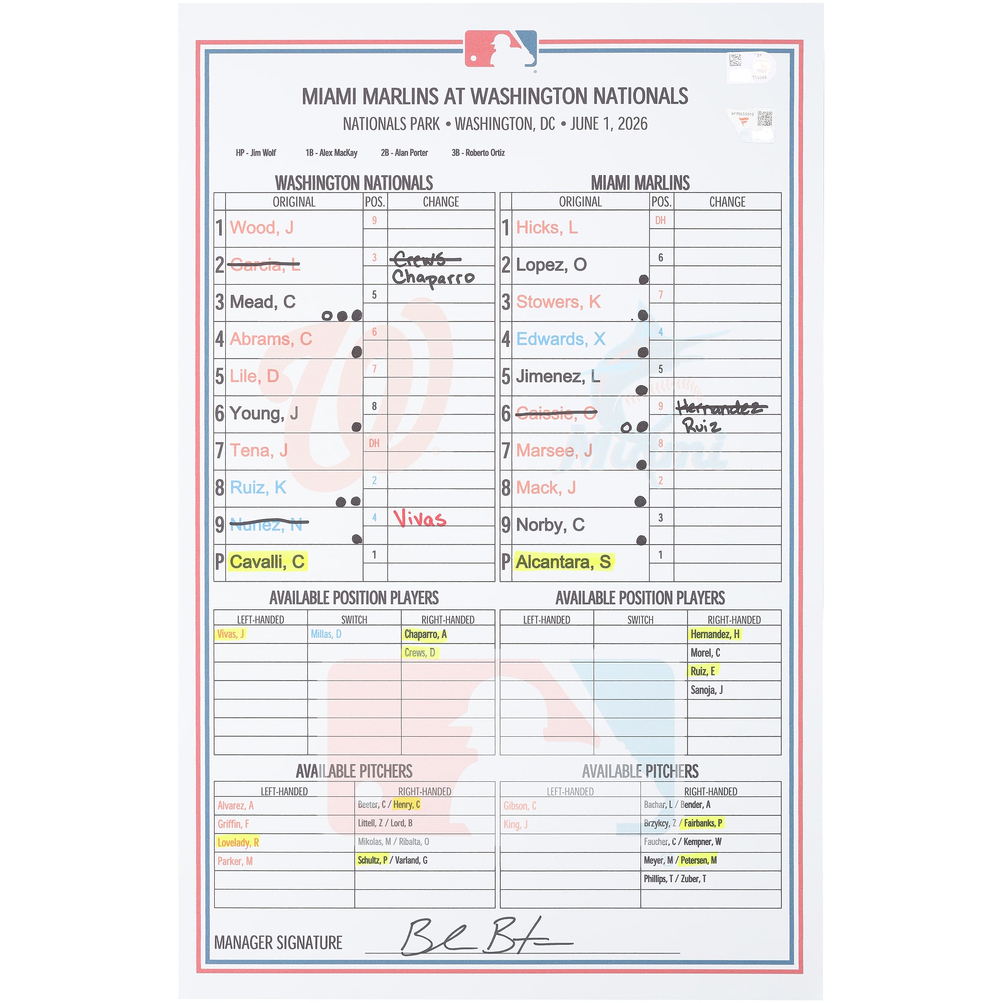 Feuille de composition utilisée par les Washington Nationals lors du match contre les Miami Marlins le 1er juin 2026