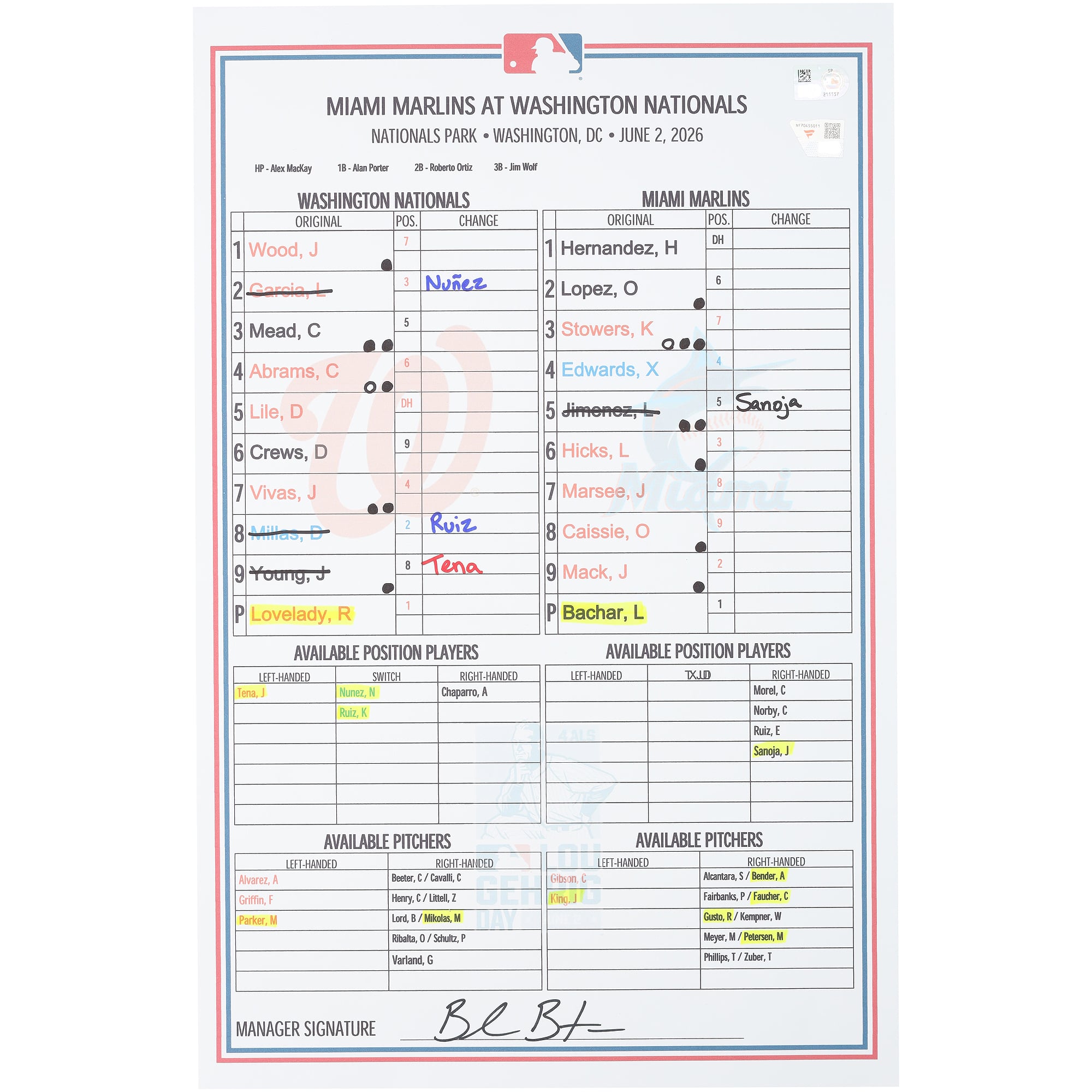 Feuille de composition utilisée par les Washington Nationals lors du match contre les Miami Marlins le 2 juin 2026