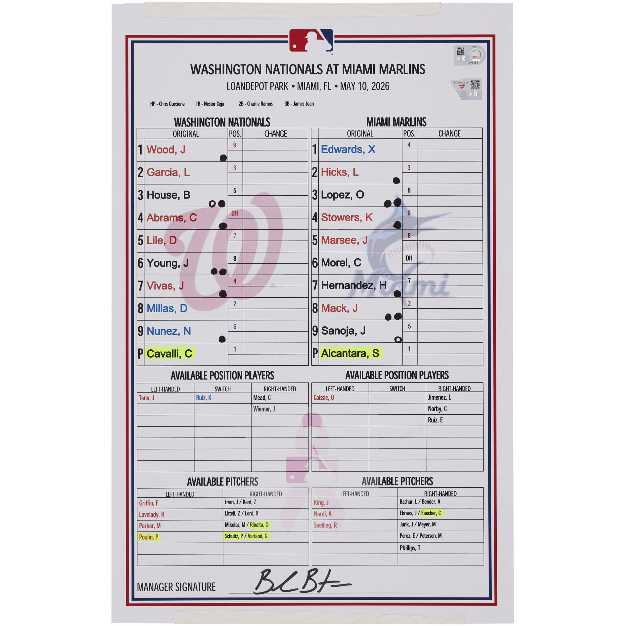 Washington Nationals Game-Used Lineup Card vs. Miami Marlins on May 10, 2026