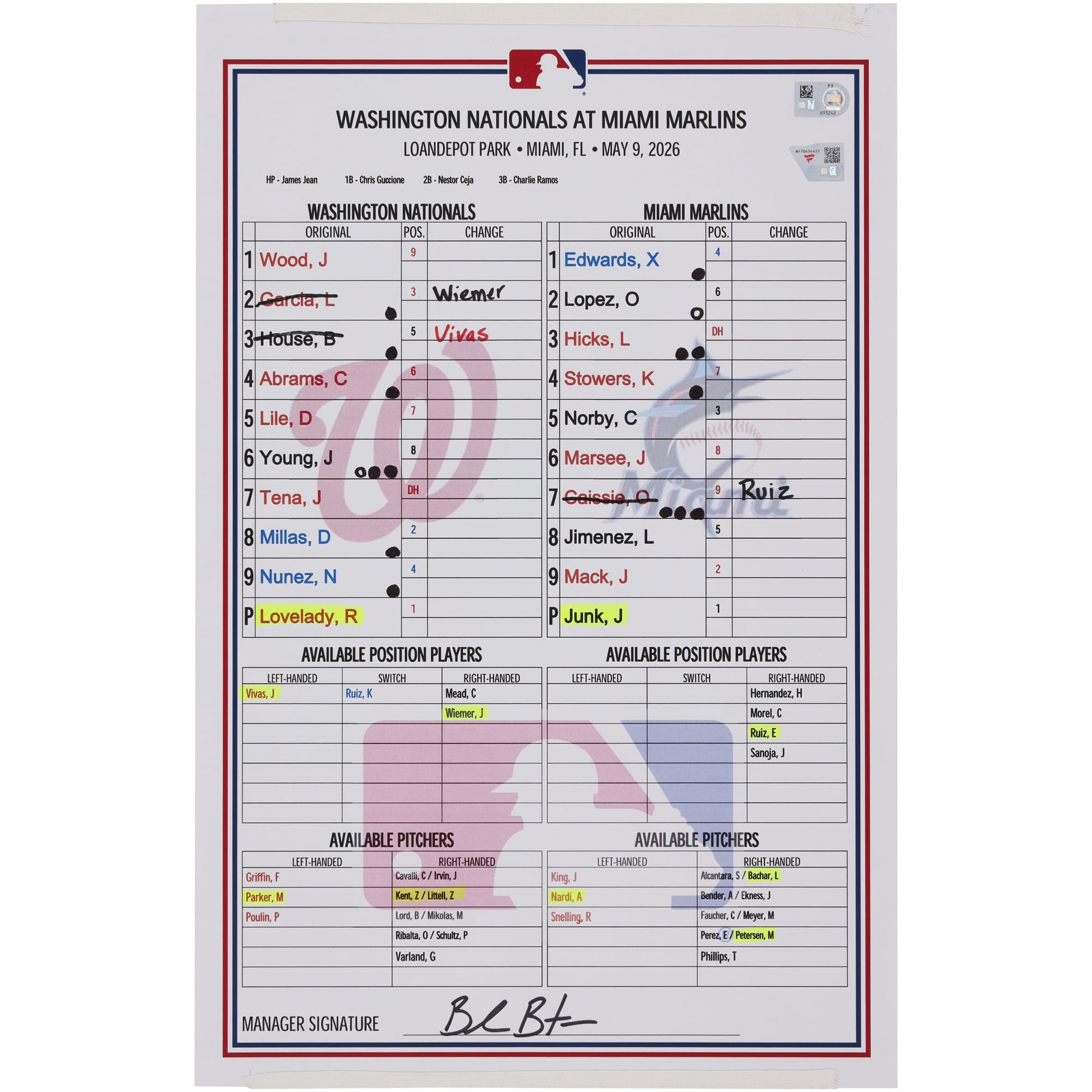 Washington Nationals Game-Used Lineup Card vs. Miami Marlins on May 9, 2026