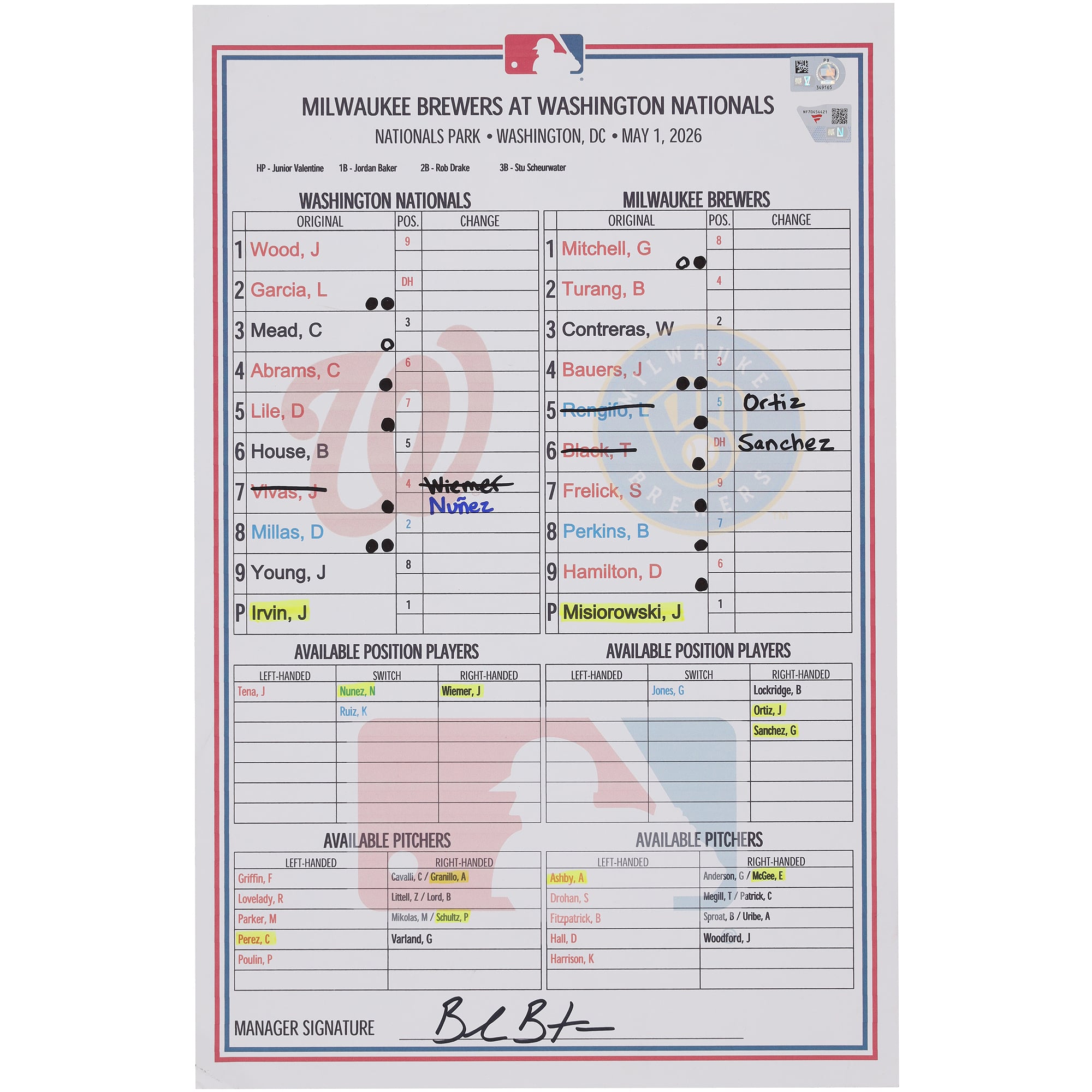 Washington Nationals Game-Used Lineup Card vs. Milwaukee Brewers on May 1, 2026