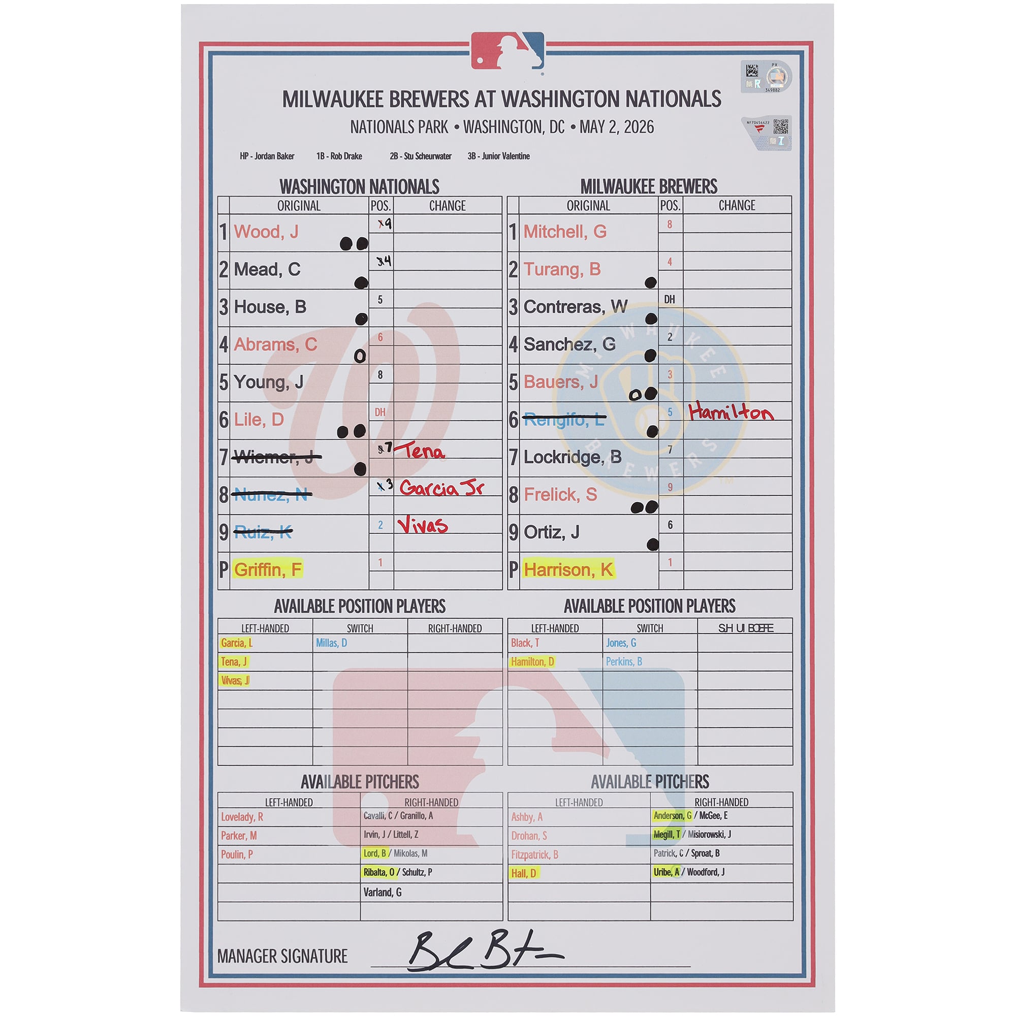 Washington Nationals Game-Used Lineup Card vs. Milwaukee Brewers on May 2, 2026