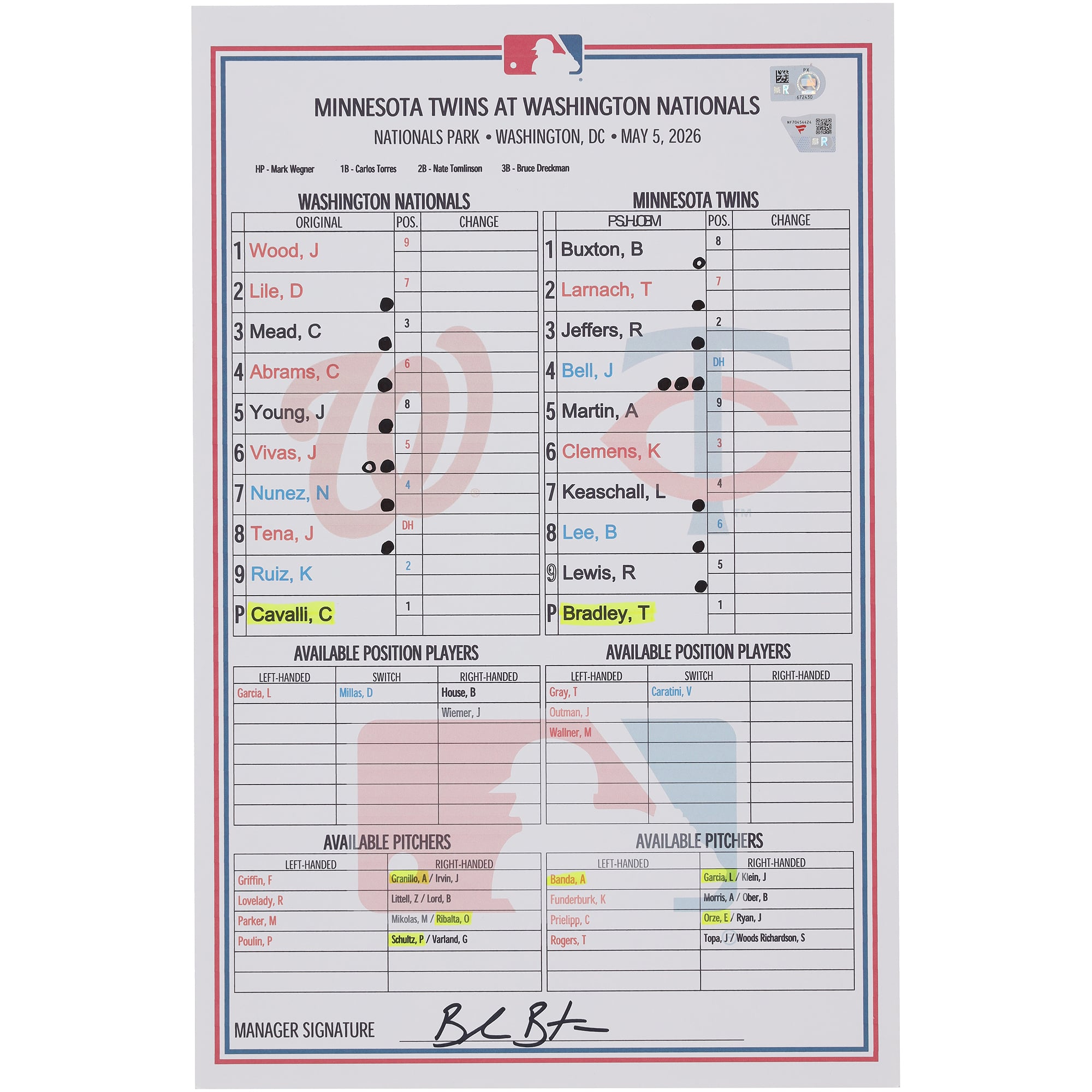 Washington Nationals Game-Used Lineup Card vs. Minnesota Twins on May 5, 2026