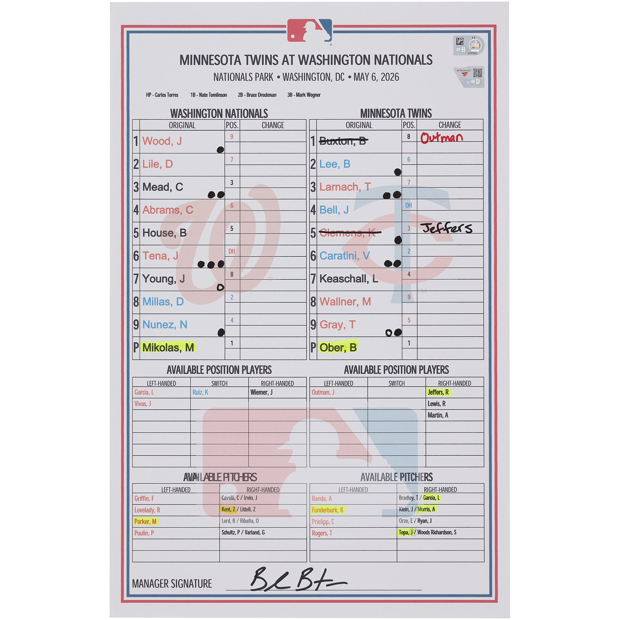 Washington Nationals Game-Used Lineup Card vs. Minnesota Twins on May 6, 2026
