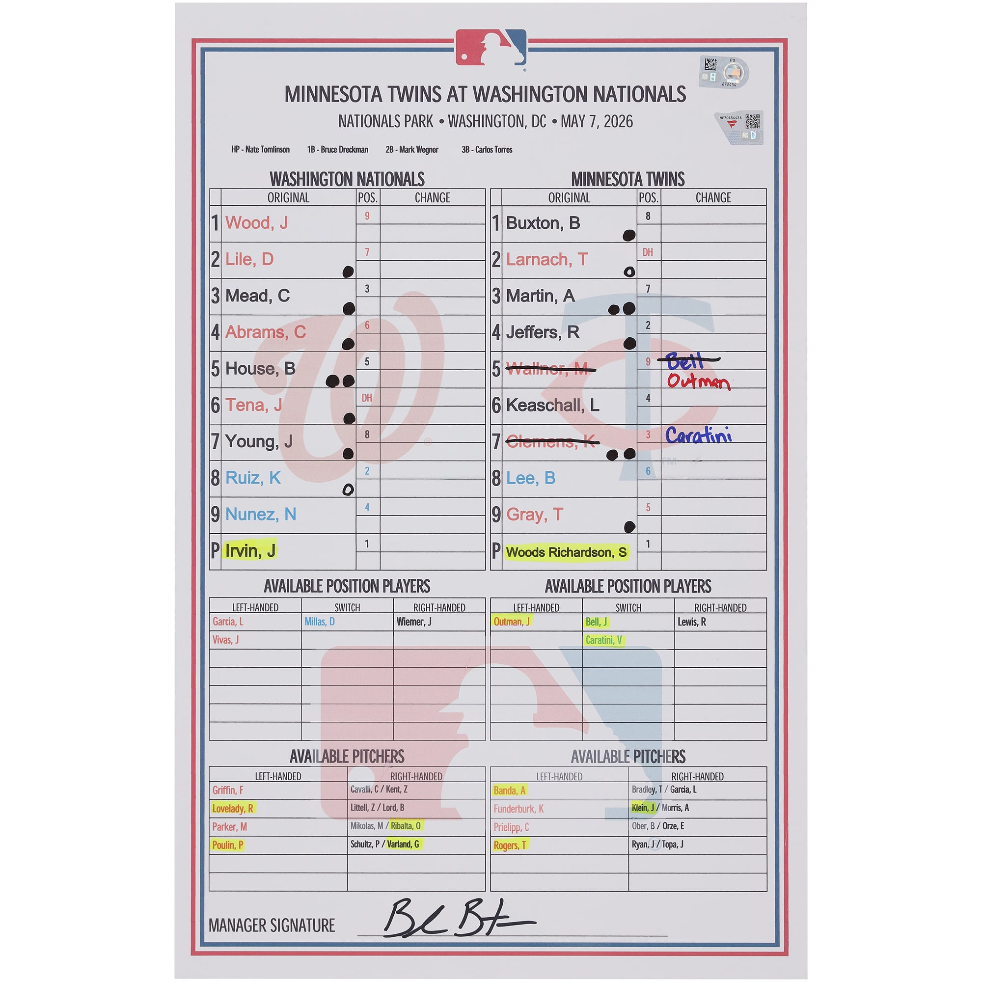 Washington Nationals Game-Used Lineup Card vs. Minnesota Twins on May 7, 2026