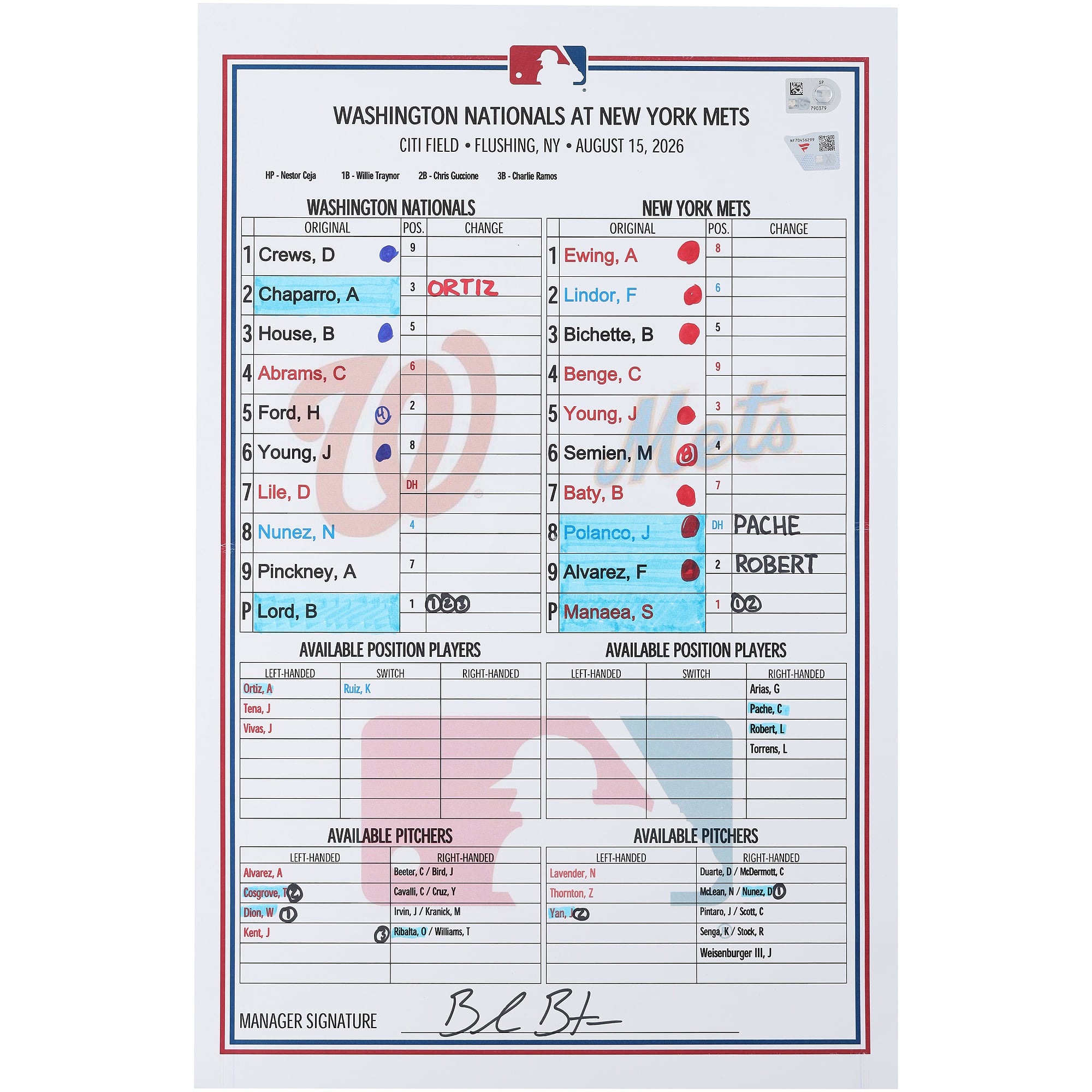 Feuille de composition utilisée par les Washington Nationals lors du match contre les New York Mets le août 2026