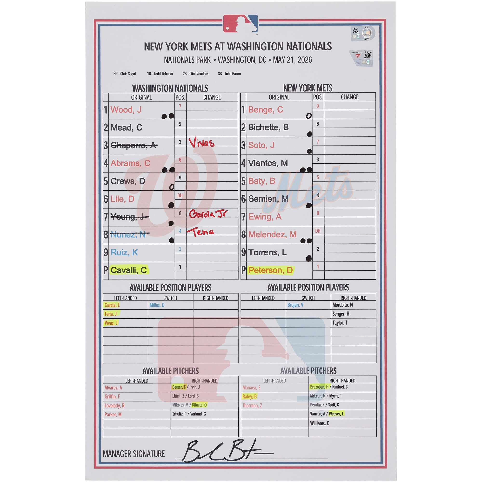 Washington Nationals Game-Used Lineup Card vs. New York Mets on May 21, 2026