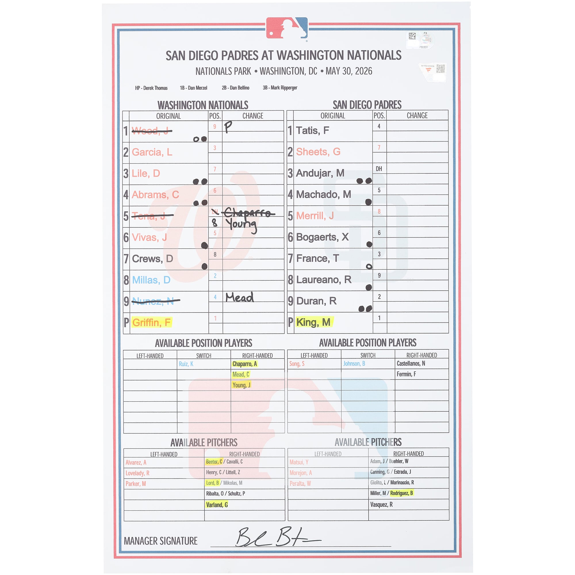 Washington Nationals Game-Used Lineup Card vs. San Diego Padres on May 30, 2026