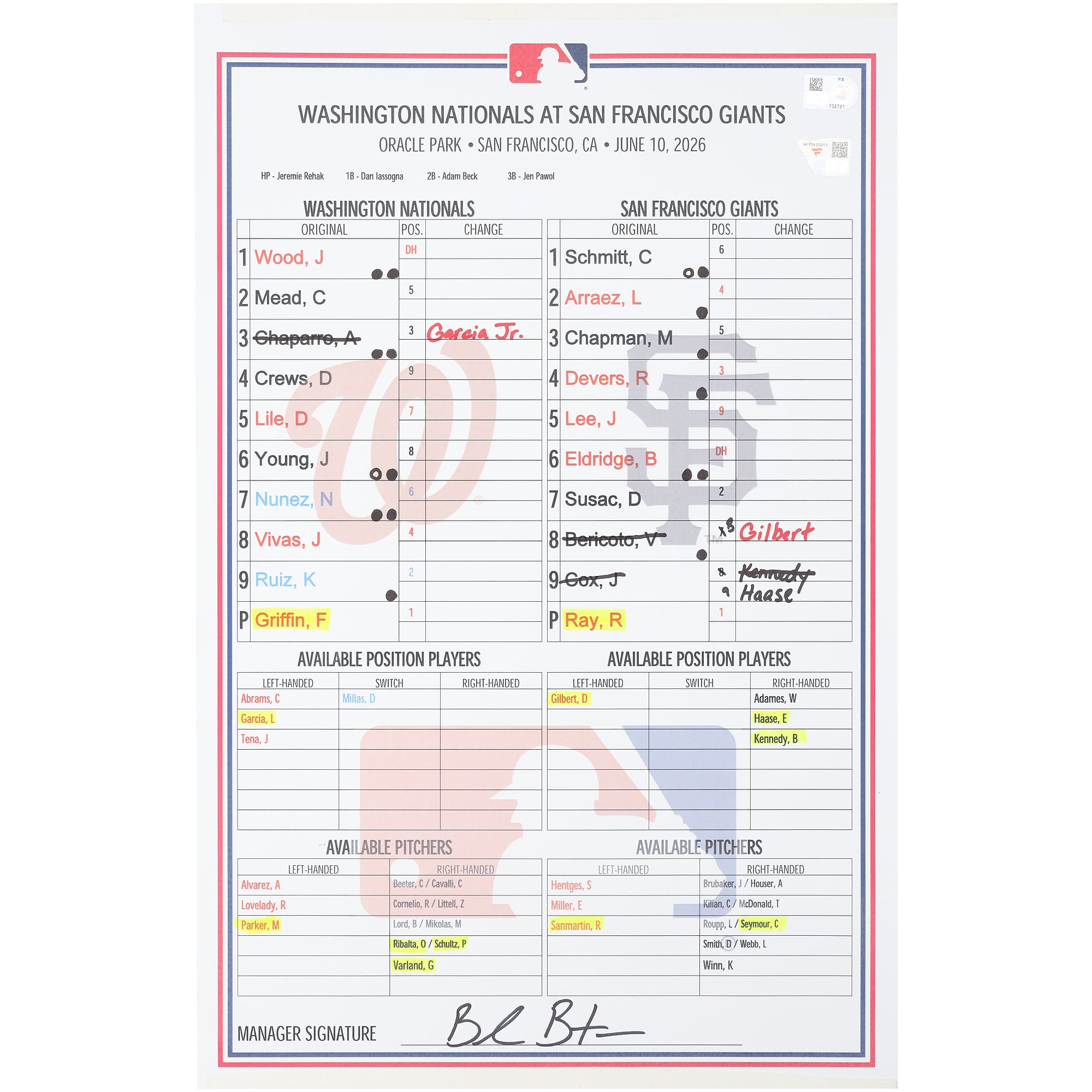 Washington Nationals Game-Used Lineup Card vs. San Francisco Giants on June 10, 2026