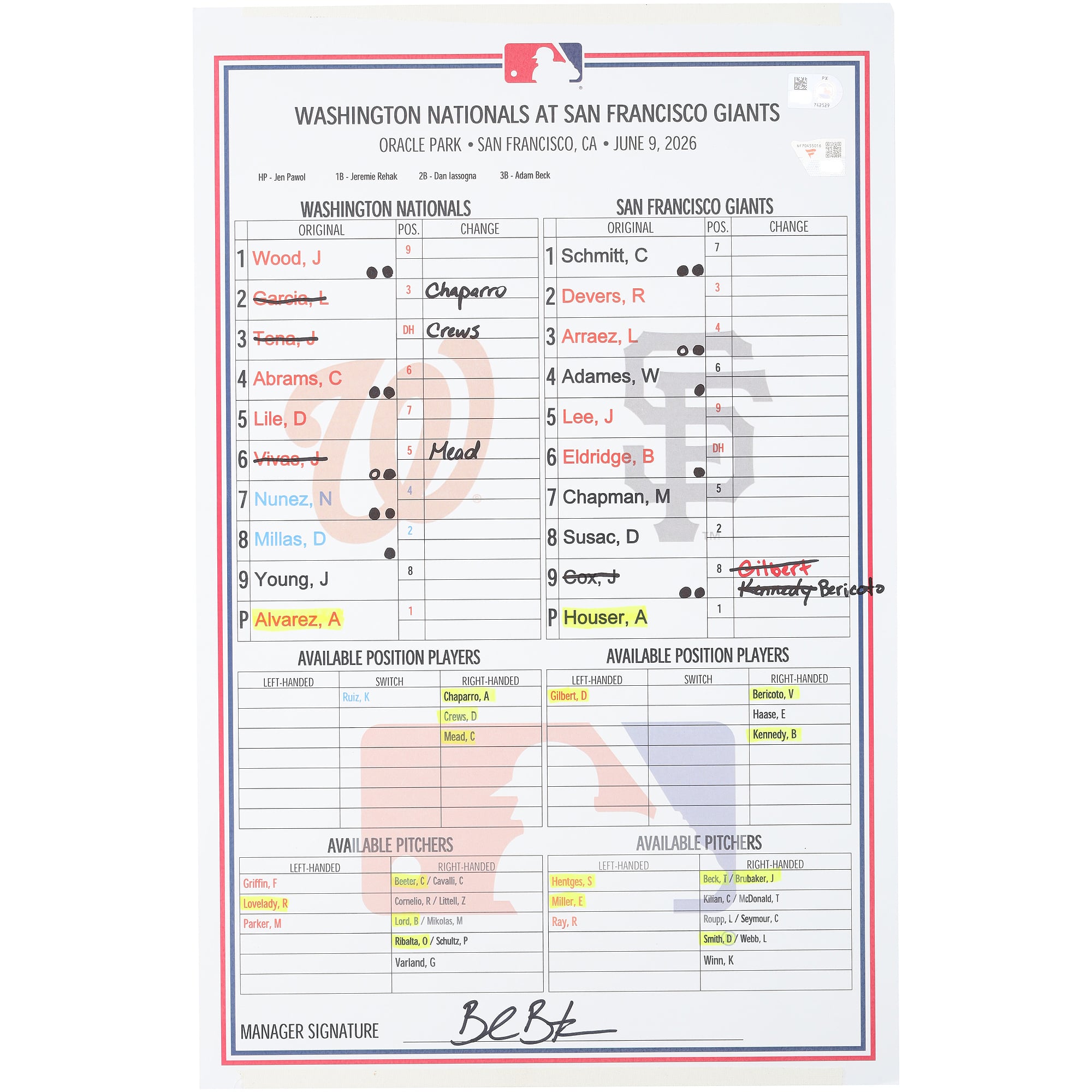 Washington Nationals Game-Used Lineup Card vs. San Francisco Giants on June 9, 2026