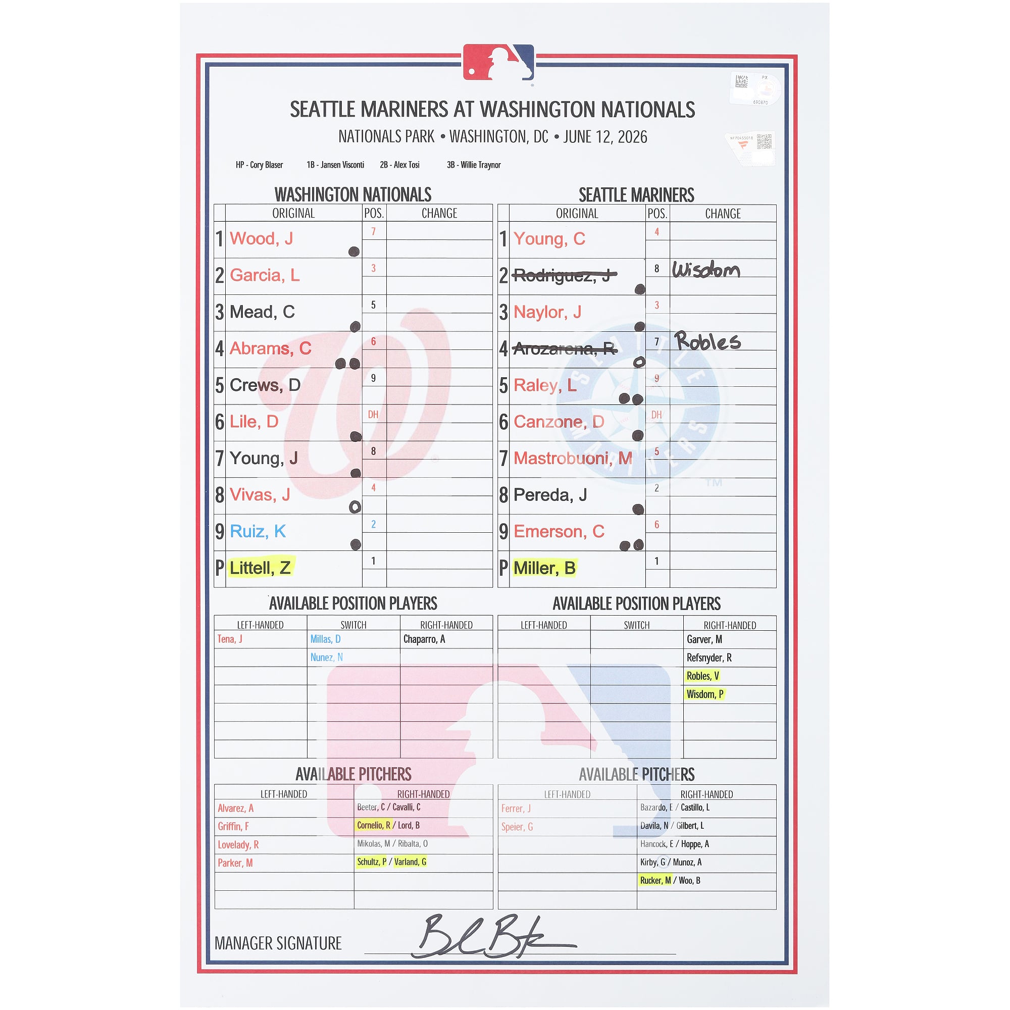 Feuille de composition utilisée par les Washington Nationals lors du match contre les Seattle Mariners le 12 juin 2026