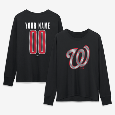 Washington Nationals Women's Metallic Mascot Personalized Name & Number Long Sleeve T-Shirt - Black