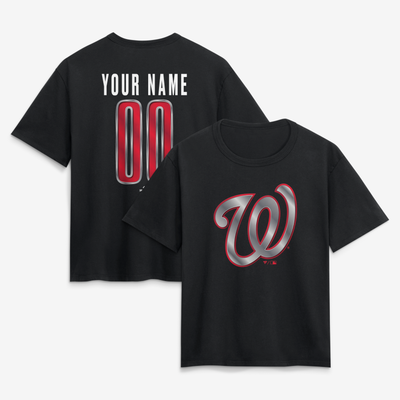 Washington Nationals Women's Metallic Mascot Personalized Name & Number T-Shirt - Black