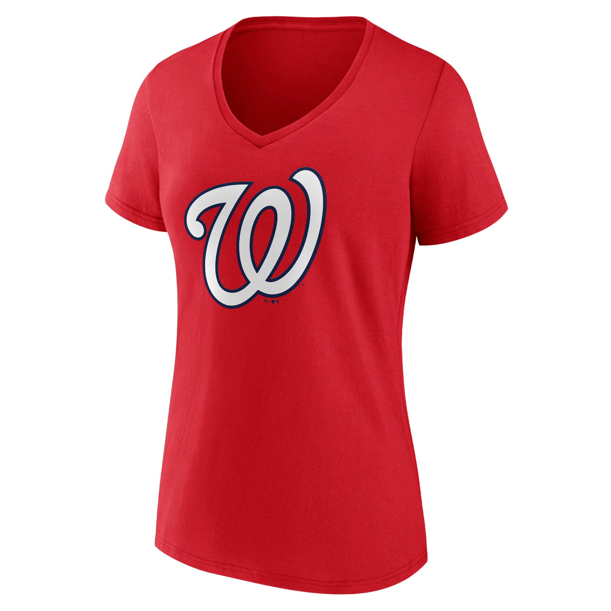 T-shirt à col en V rouge pour femmes avec logo officiel des Washington Nationals