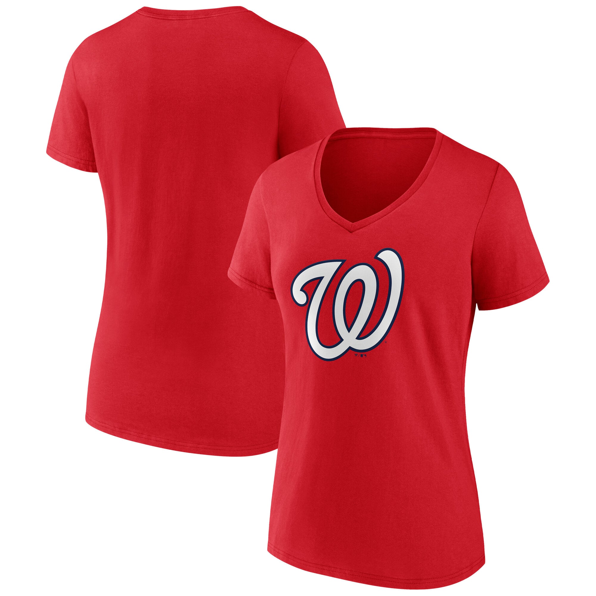 T-shirt à col en V rouge pour femmes avec logo officiel des Washington Nationals