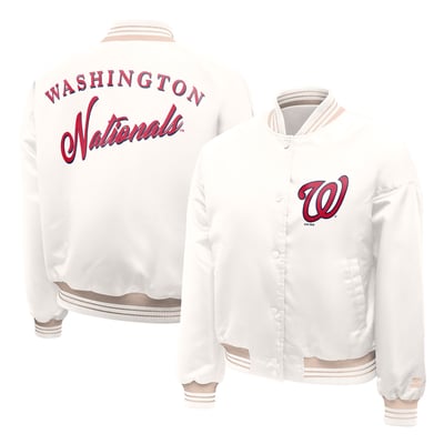 Washington Nationals Starter Women's Fashion Script Satin Full-Snap Varsity Jacket - Cream