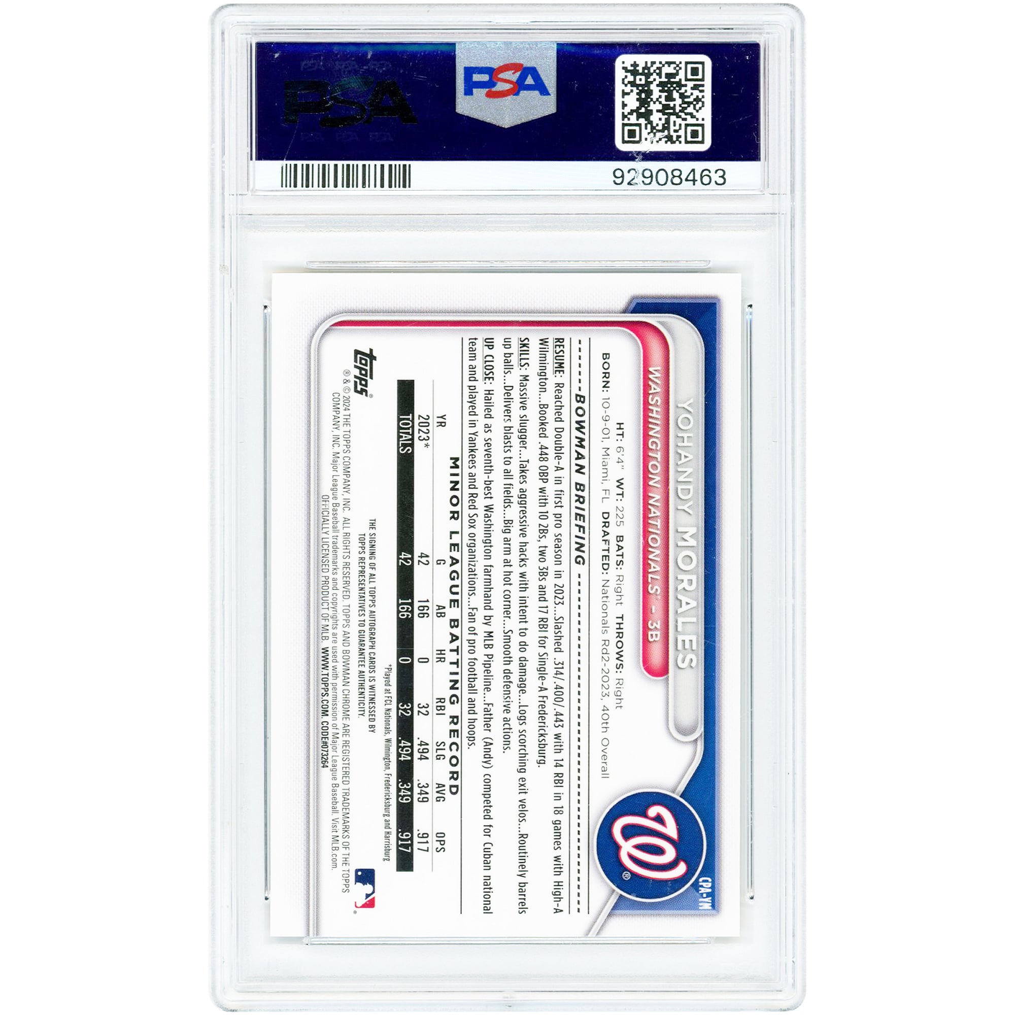 Carte autographiée par Yohandy Morales (Washington Nationals) – Bowman Chrome Prospect Gold Lava Refractor 2024, numéro CPA-YM, numéro 44/50, authentifiée par PSA 9.