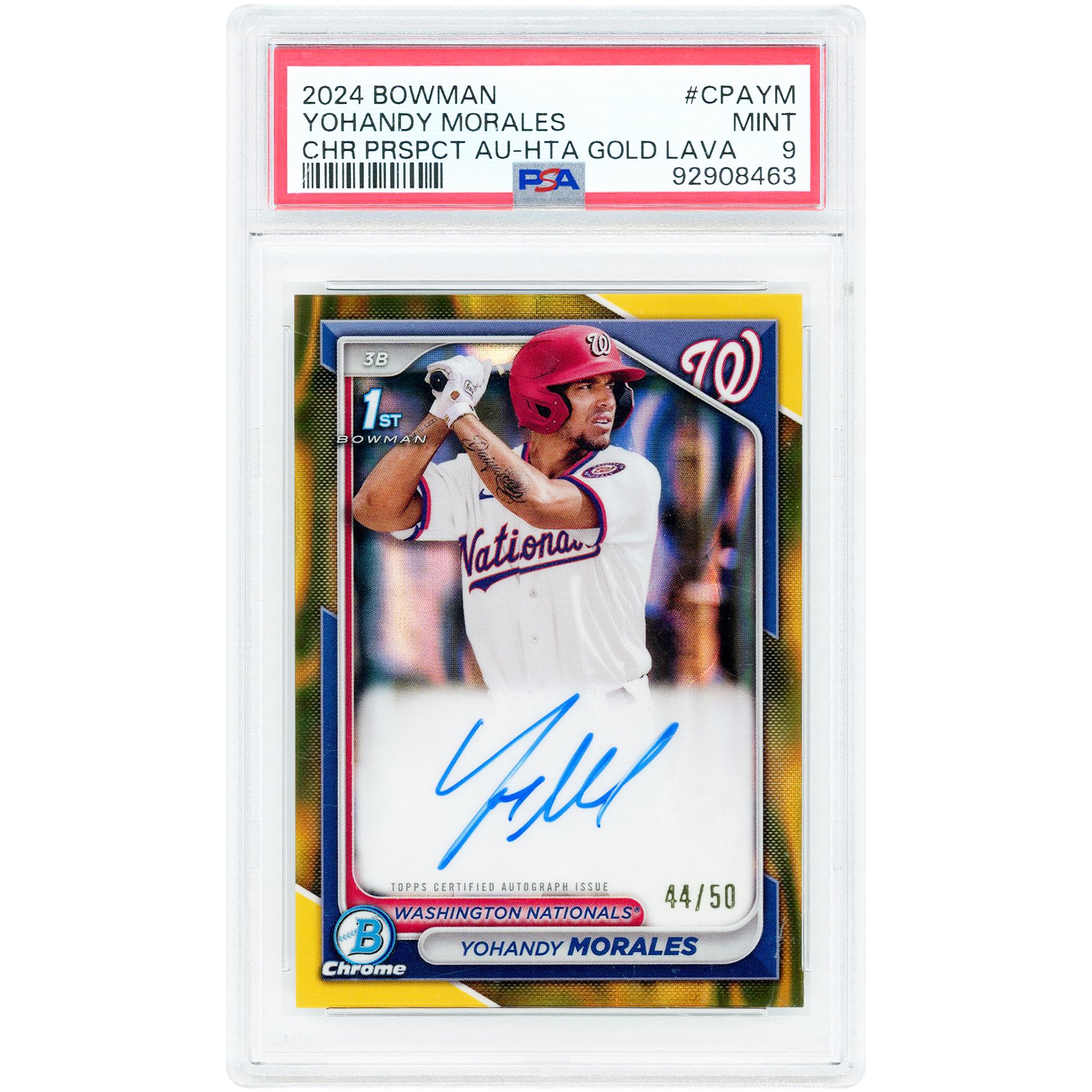 Carte autographiée par Yohandy Morales (Washington Nationals) – Bowman Chrome Prospect Gold Lava Refractor 2024, numéro CPA-YM, numéro 44/50, authentifiée par PSA 9.