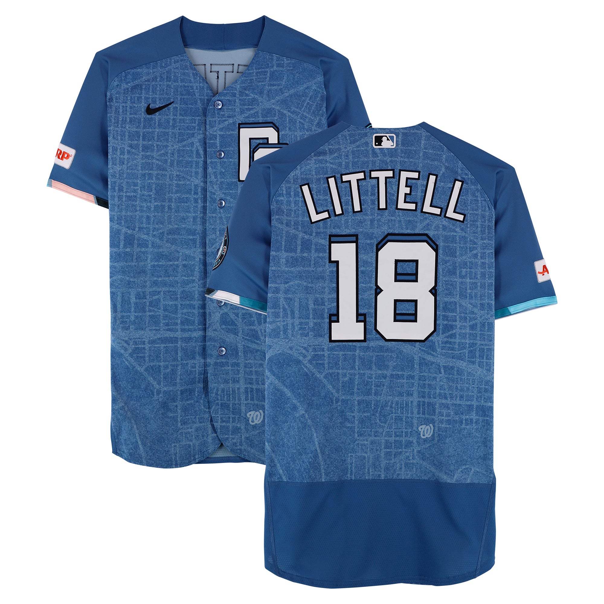 Maillot bleu City Connect n° 18 porté par Zack Littell des Washington Nationals lors du match contre les Los Angeles Dodgers le 4 avril 2026