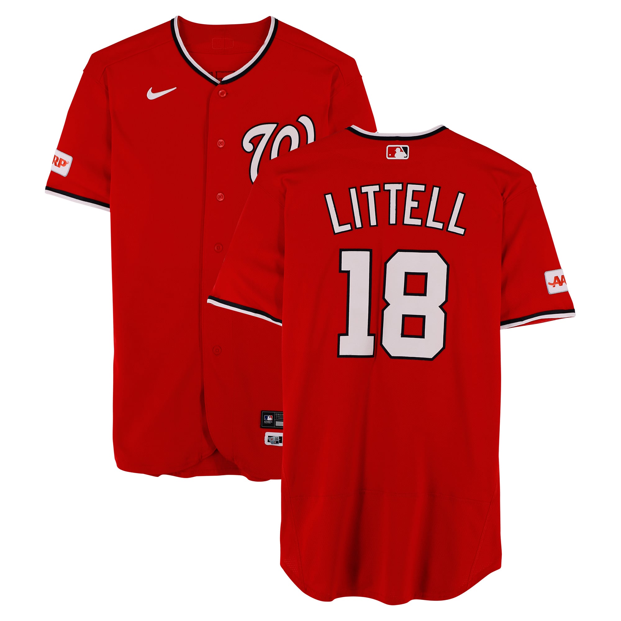 Maillot rouge n° 18 porté par Zack Littell des Washington Nationals lors du match contre les San Diego Padres le 31 mai 2026