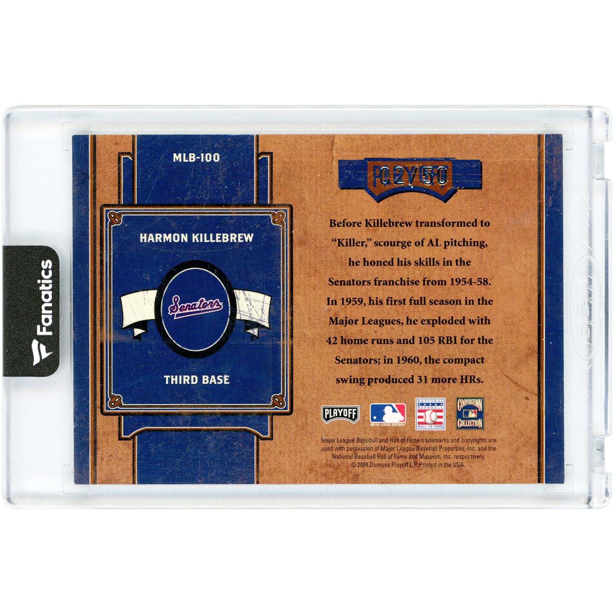 Harmon Killebrew Washington Senators Autographed 2004 Playoff Prime Cuts MLB Icons #MLB-100 #2/50 Card