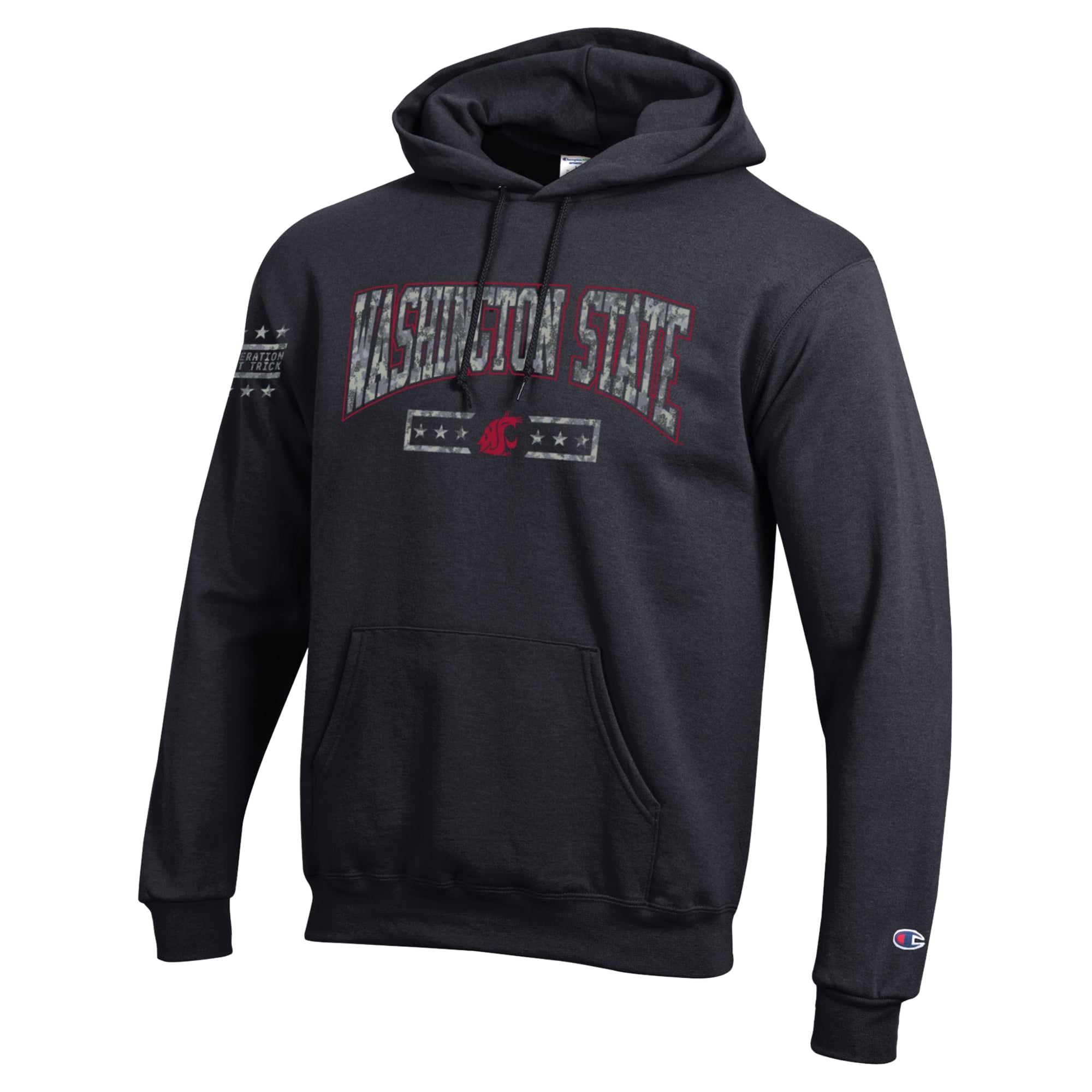 Sweat à capuche en polaire Powerblend Champion Black Washington State Cougars Operation Hat Trick Camo Script pour homme