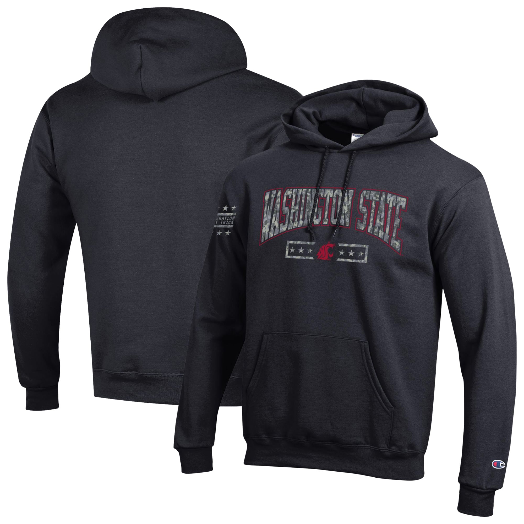 Sweat à capuche en polaire Powerblend Champion Black Washington State Cougars Operation Hat Trick Camo Script pour homme