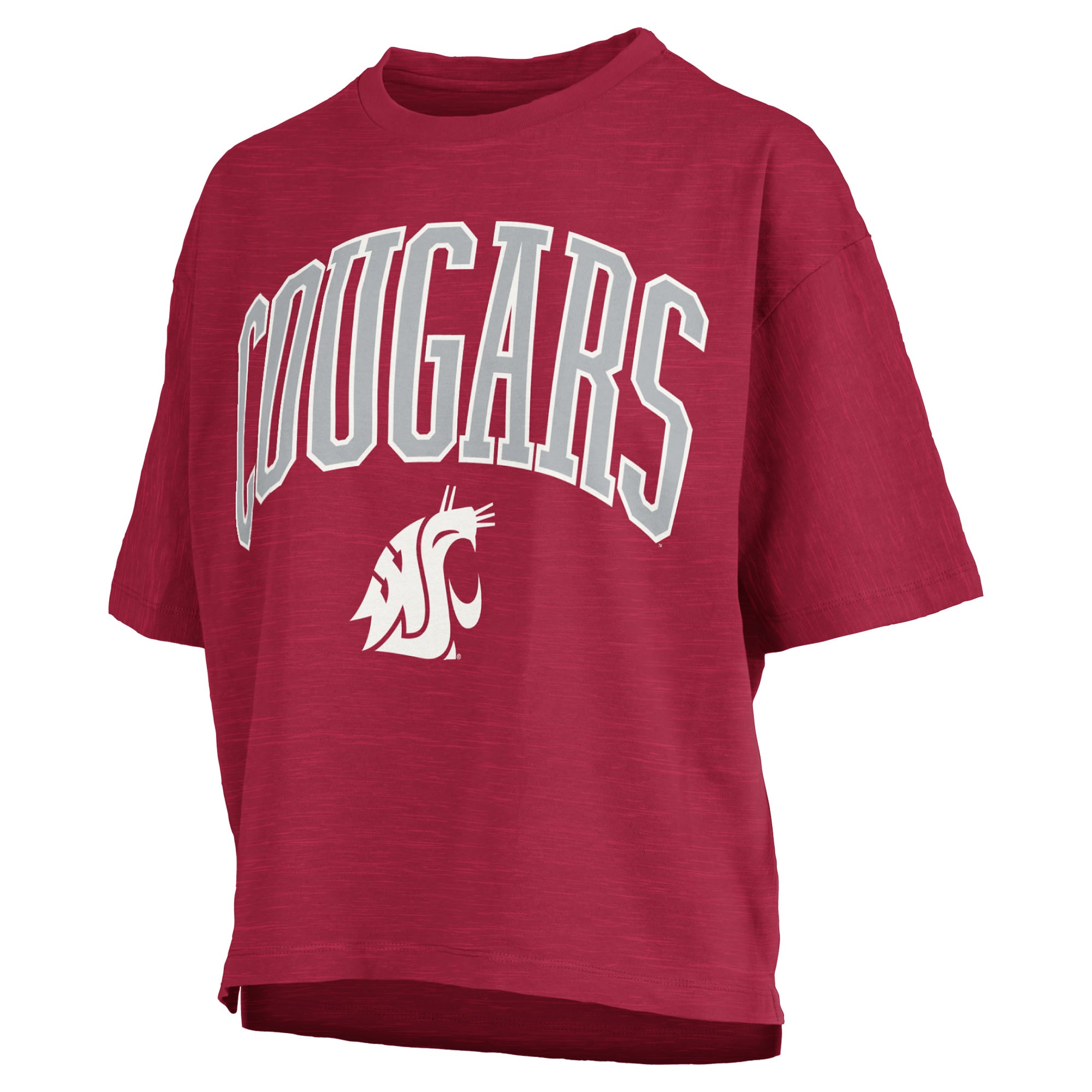 T-shirt oversize Pressbox Crimson Washington State Cougars pour femmes, logo Nelson Arch Over, en tissu flammé.
