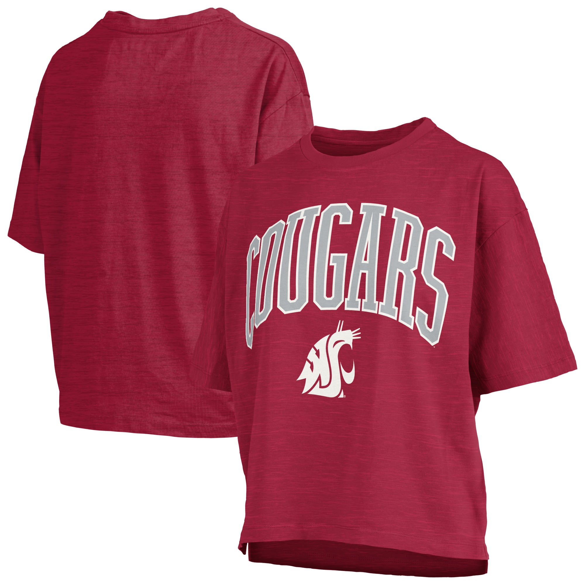 T-shirt oversize Pressbox Crimson Washington State Cougars pour femmes, logo Nelson Arch Over, en tissu flammé.