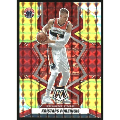 2021-22 Panini Mosaic Mosaic Choice Fusion Red and Yellow #153 Kristaps Porzingis
