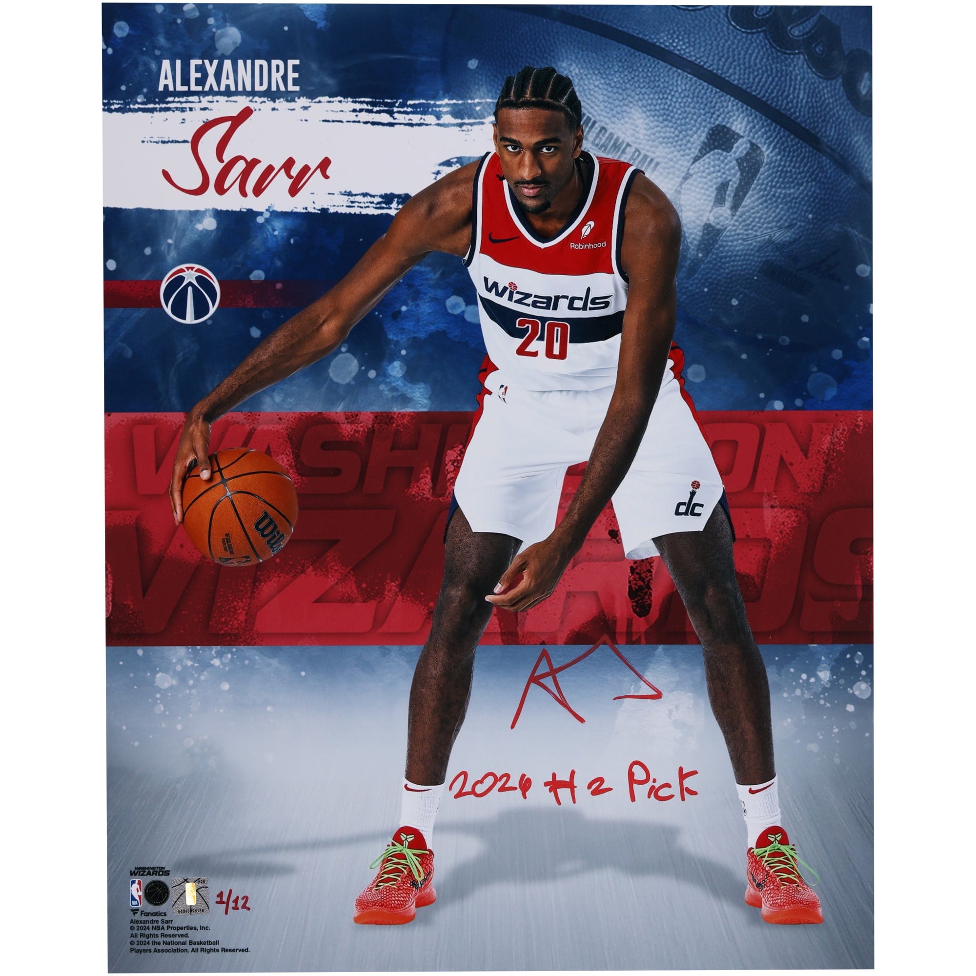 Photo stylisée autographiée d'Alexandre Sarr (Washington Wizards) - Format 40,6 x 50,8 cm (16 x 20 pouces) - Inscription « 2e choix de draft 2024 » - Édition limitée n° 1/12