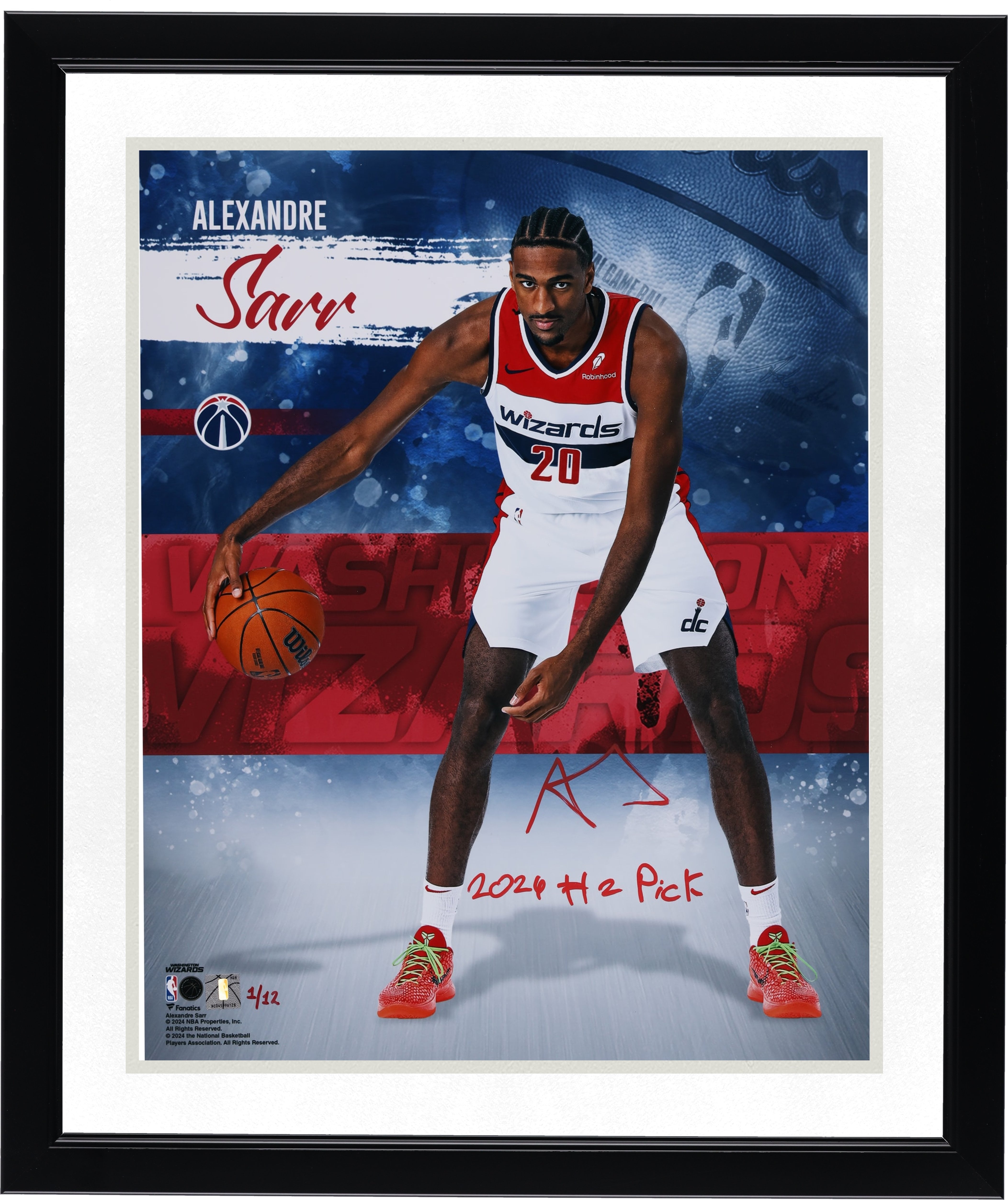 Photo stylisée autographiée d'Alexandre Sarr (Washington Wizards) - Format 40,6 x 50,8 cm (16 x 20 pouces) - Inscription « 2e choix de draft 2024 » - Édition limitée n° 1/12