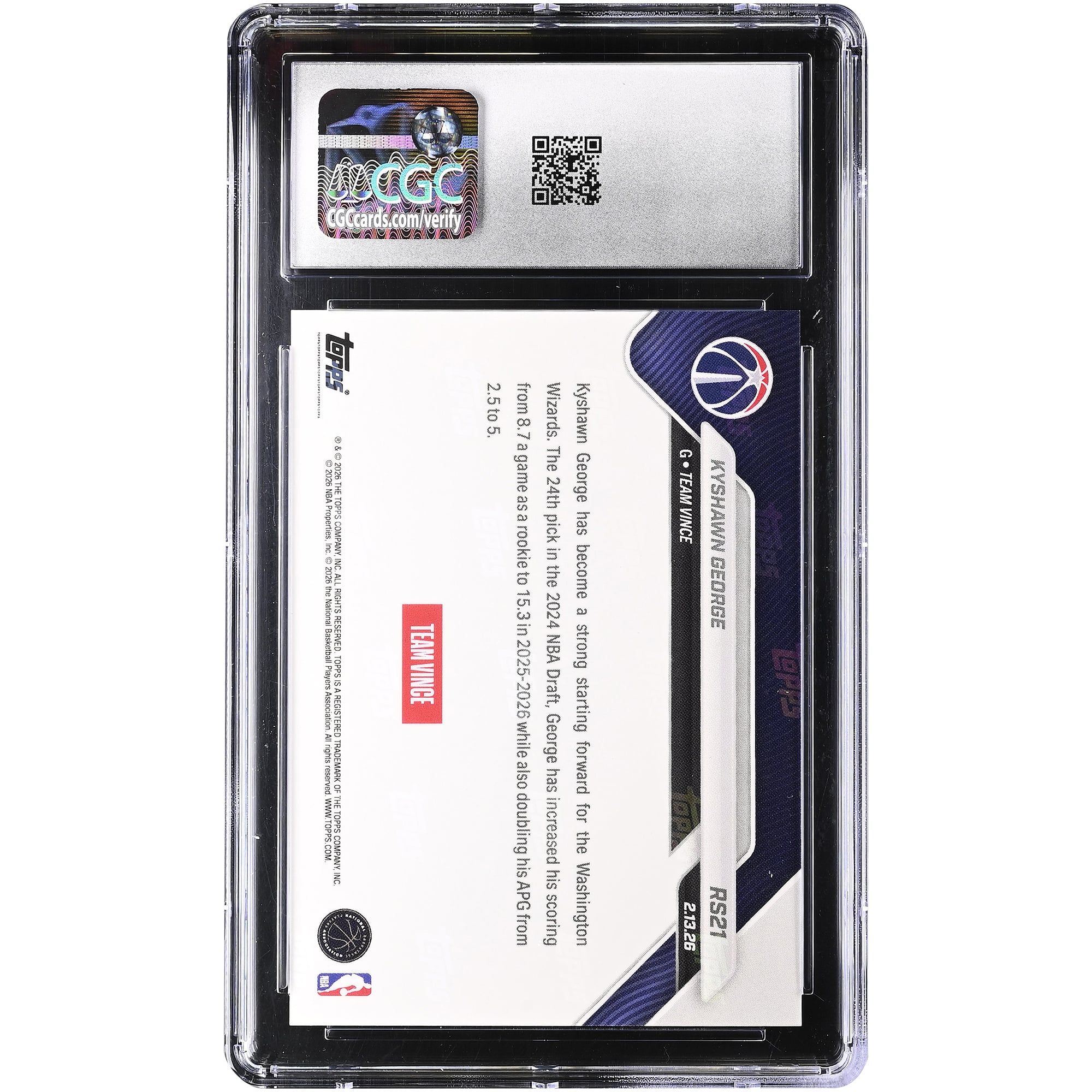 Carte Kyshawn George Washington Wizards 2025-26 Topps Now Rising Stars #RS21 authentifiée CGC (10 cartes)