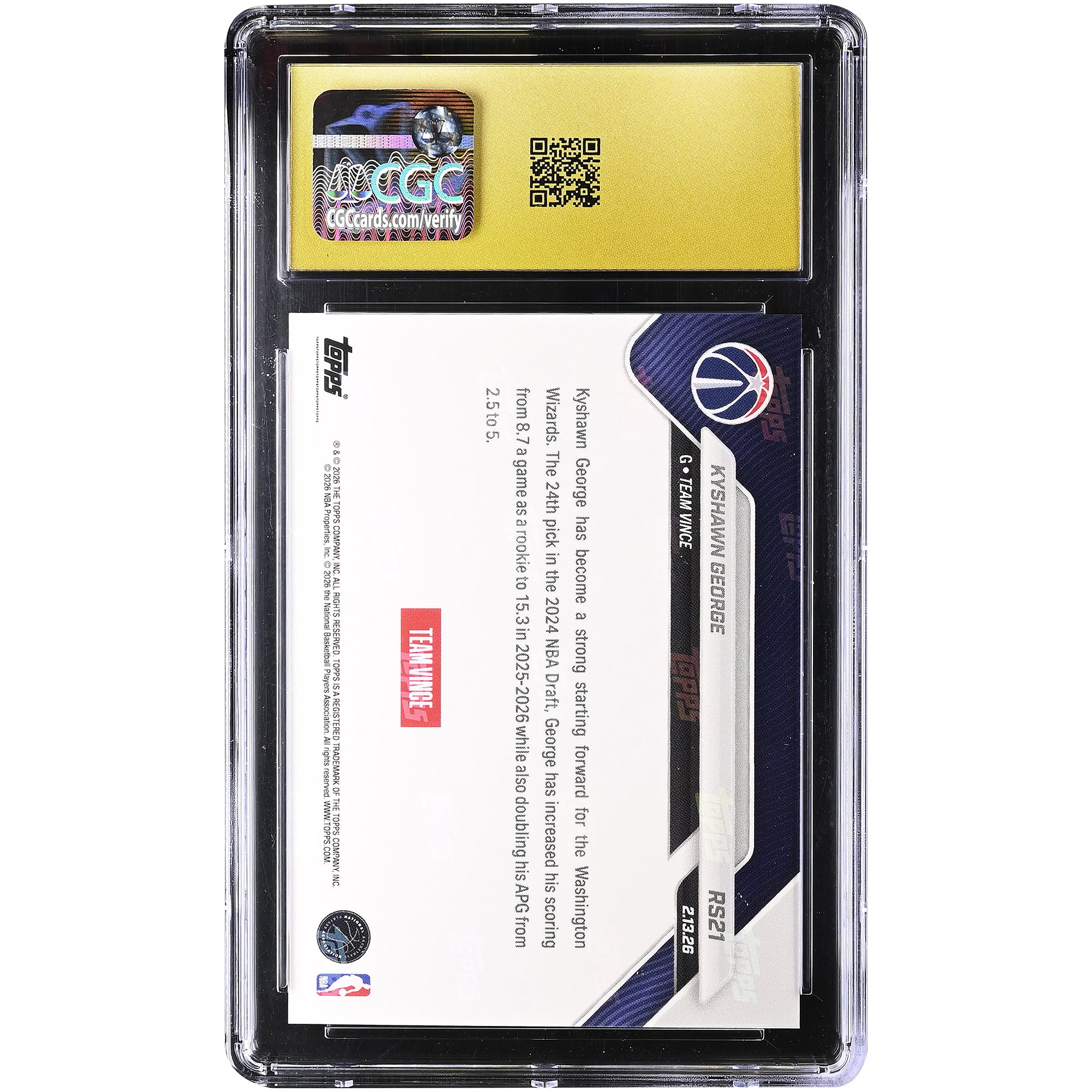 Kyshawn George Washington Wizards 2025-26 Topps Now Rising Stars #RS21 CGC Authenticated PRISTINE 10 Card