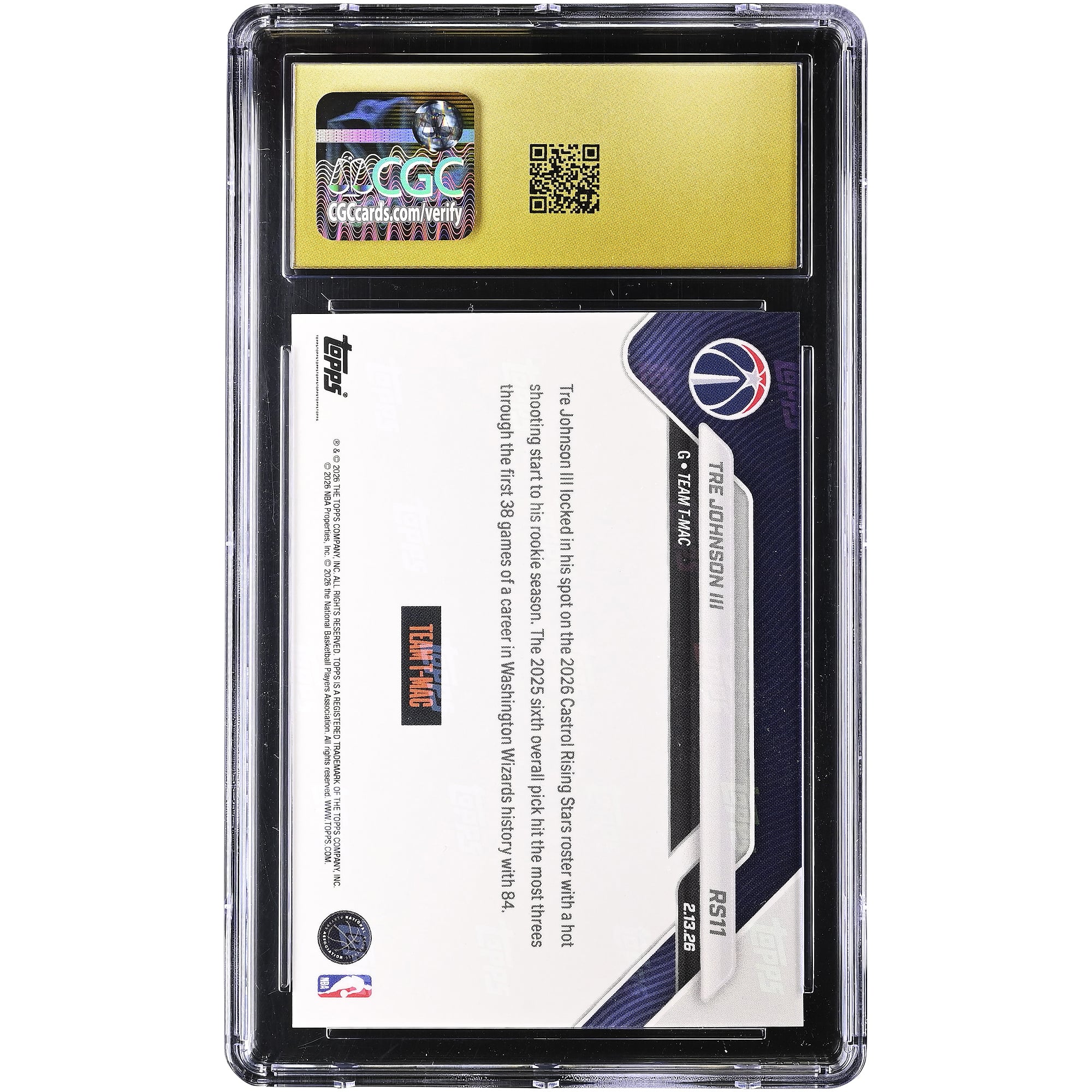 Tre Johnson III Washington Wizards 2025-26 Topps Now Rising Star Foil #RS11 CGC Authenticated PRISTINE 10 Rookie Card