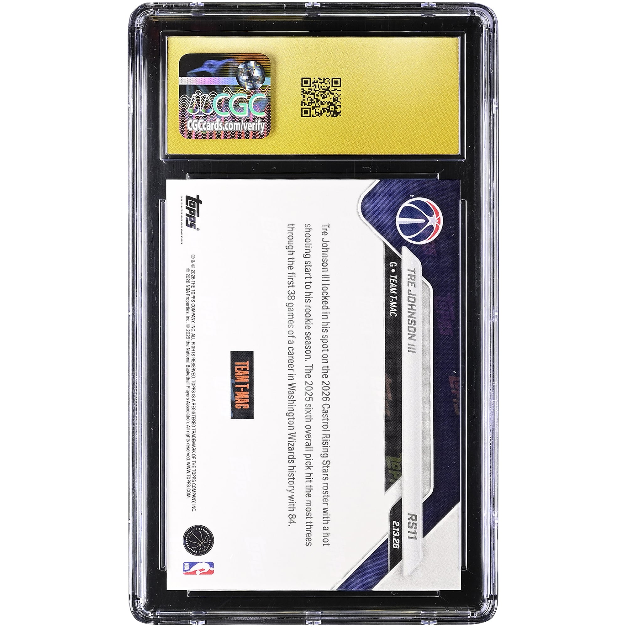 Tre Johnson III Washington Wizards 2025-26 Topps Now Rising Stars Foil #RS11 CGC Authenticated PRISTINE 10 Rookie Card