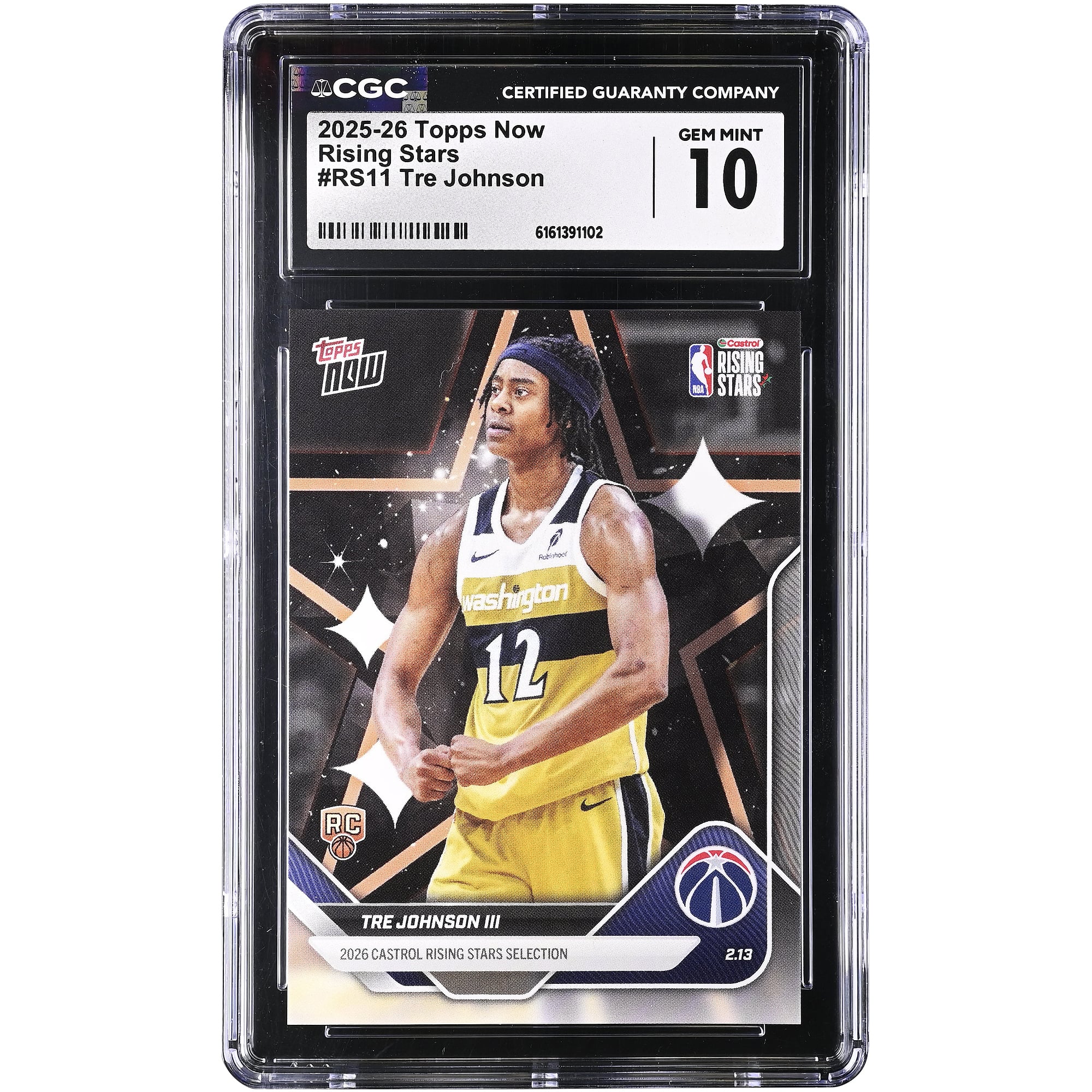 Carte de Tre Johnson III, Washington Wizards 2025-26 Topps Now Rising Stars #RS11, authentifiée CGC (10 cartes).