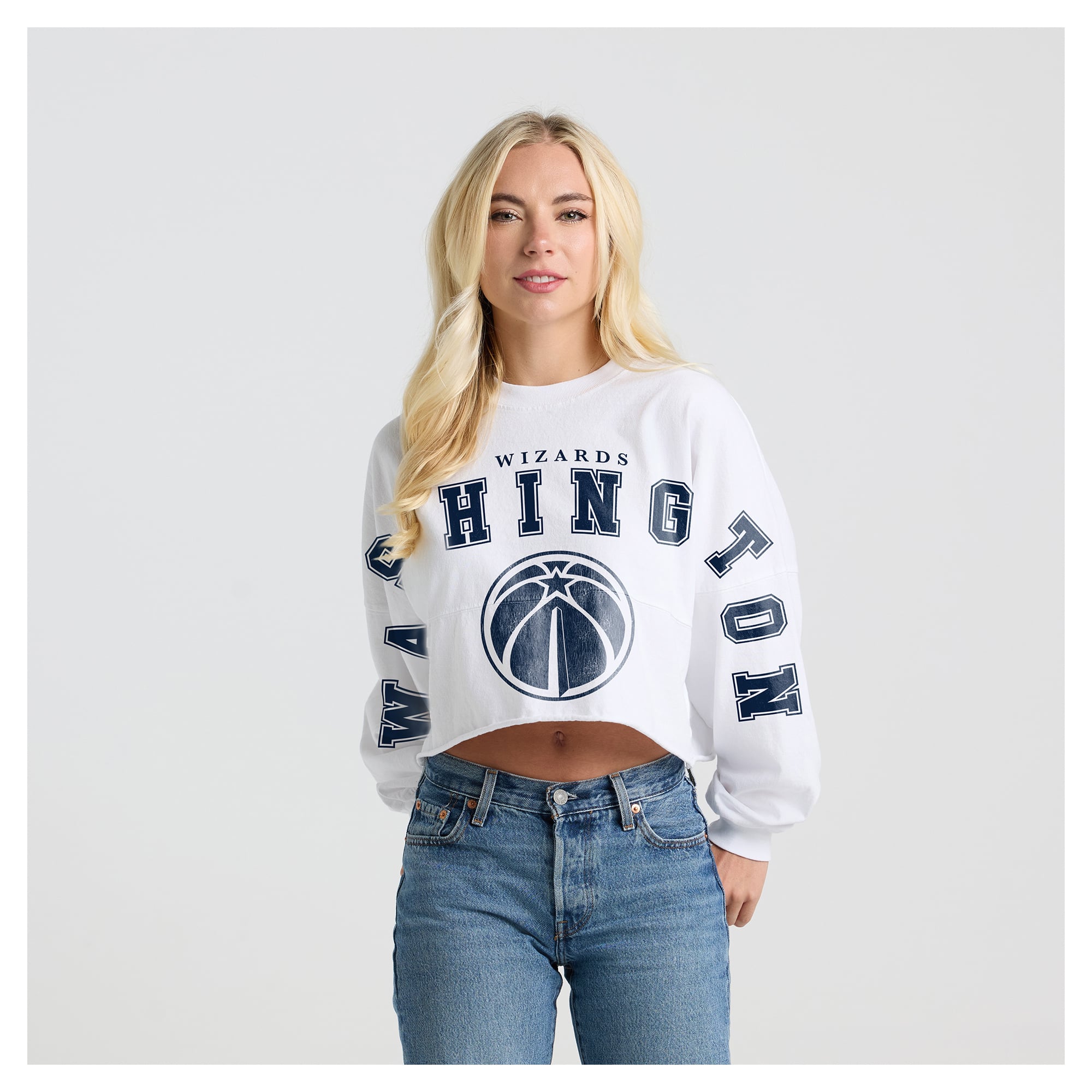 Women's Fanatics White Washington Wizards Spirit Jersey Cropped Crew Neck Sweatshirt
