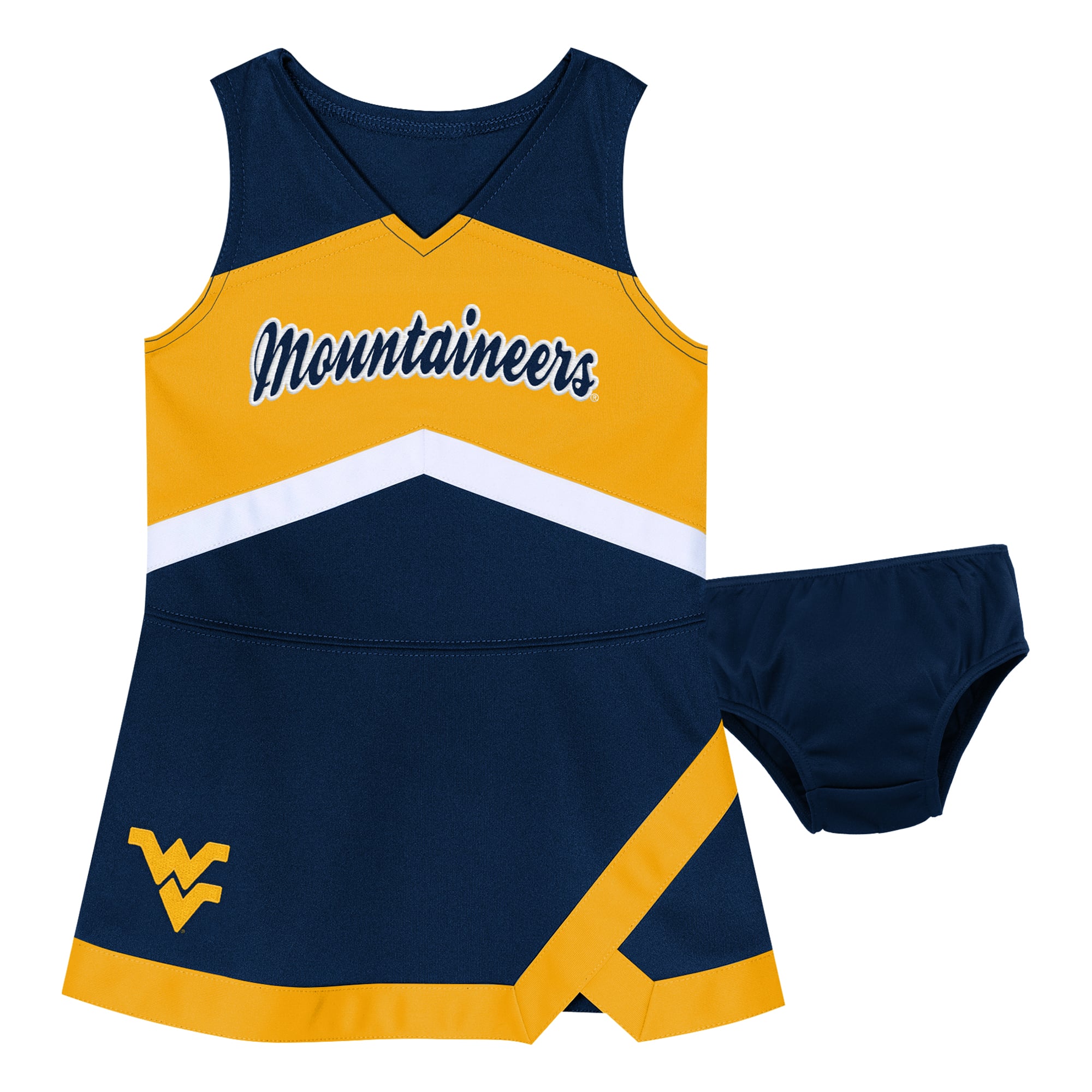 Girls Preschool Outerstuff Navy West Virginia Mountaineers Two-Piece Cheer Captain Jumper Dress & Bloomers Set