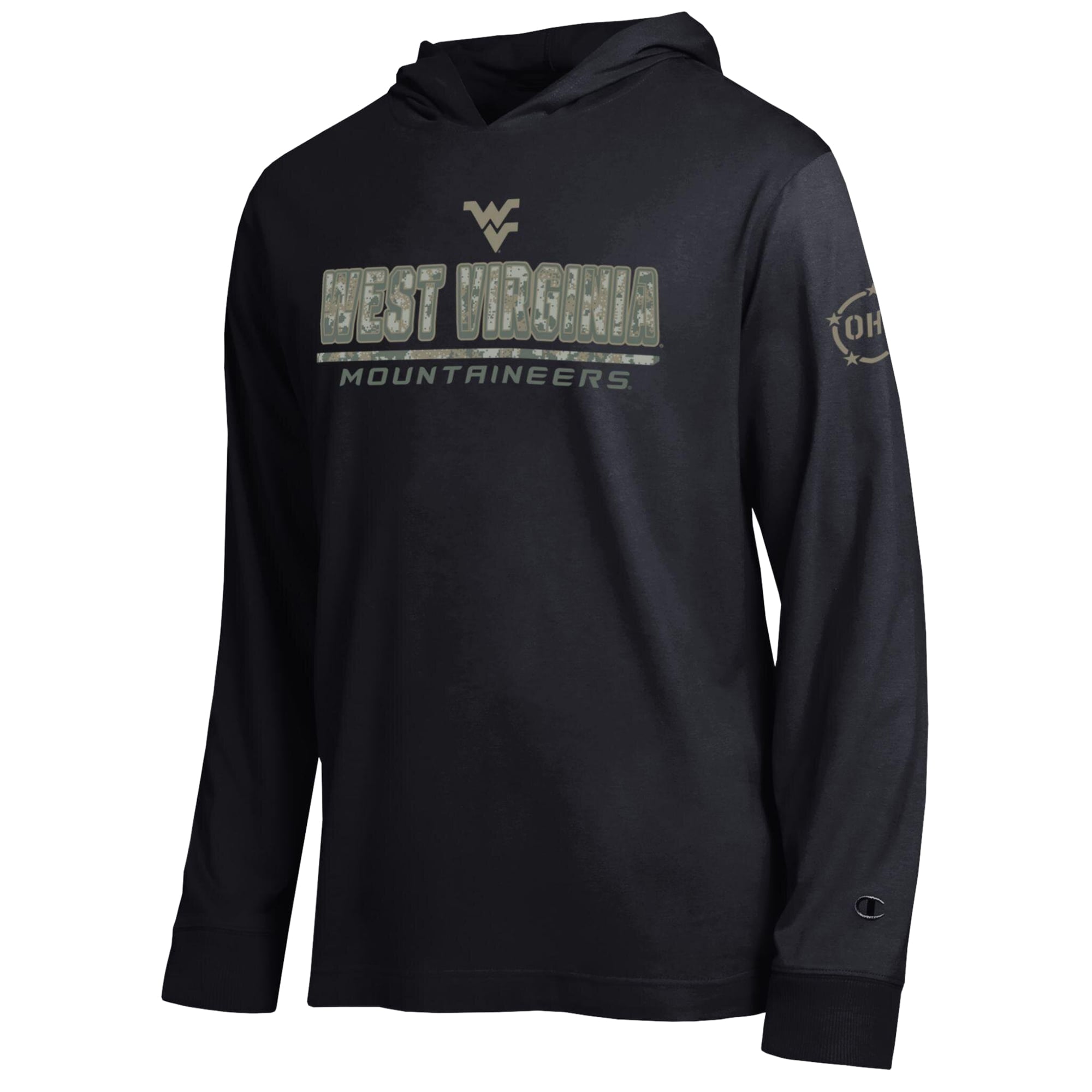 Men's Champion  Black West Virginia Mountaineers Operation Hat Trick Camo Script Hooded Long Sleeve T-Shirt