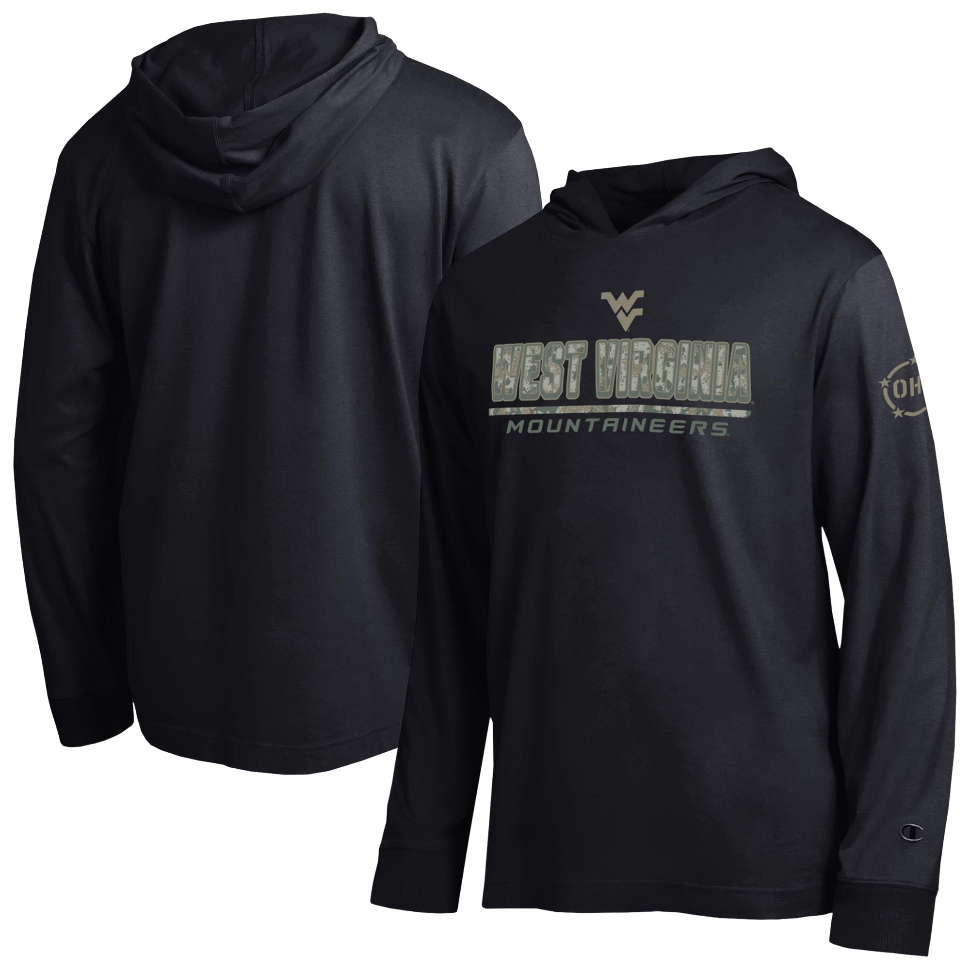 Men's Champion  Black West Virginia Mountaineers Operation Hat Trick Camo Script Hooded Long Sleeve T-Shirt