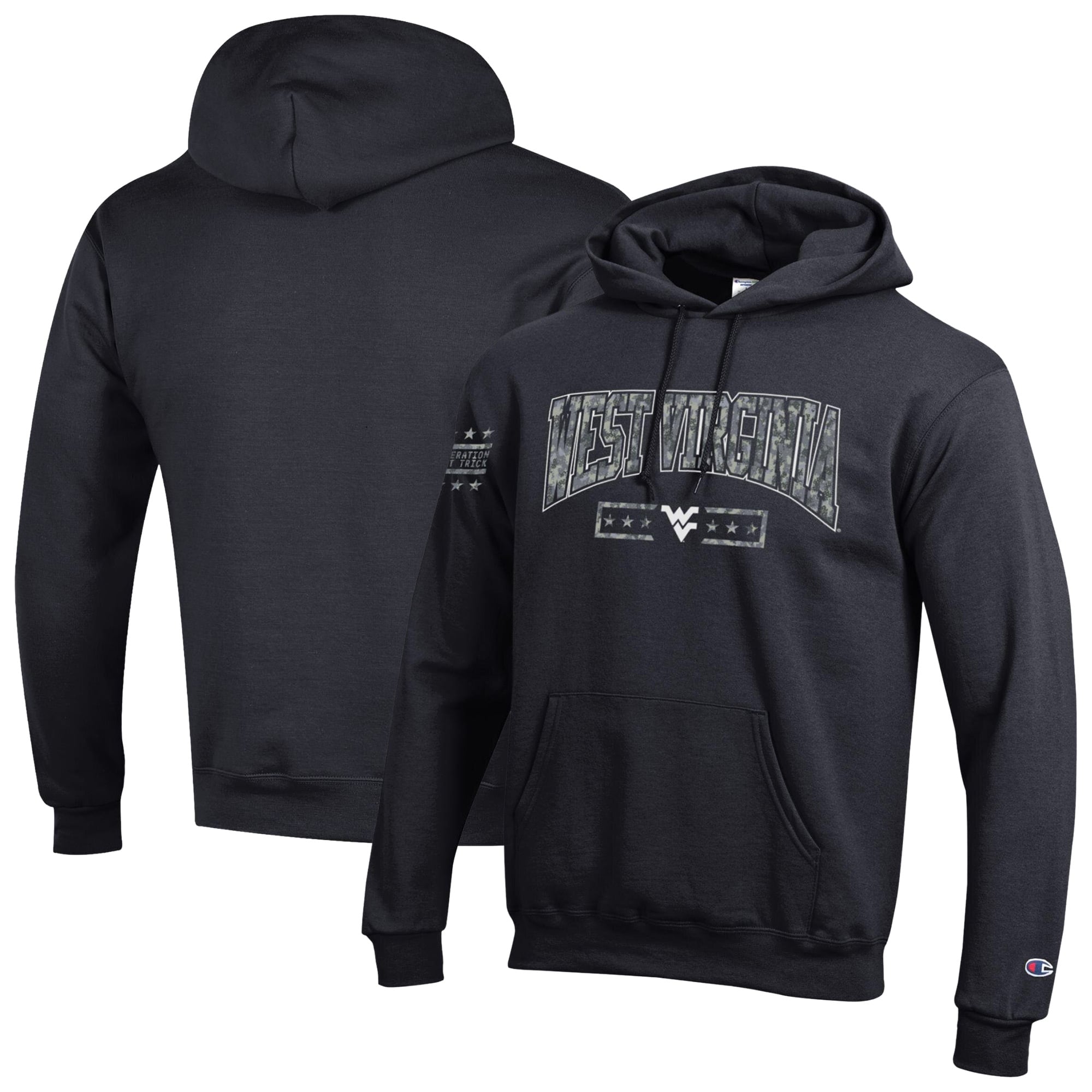 Sweat à capuche en polaire Powerblend Champion Black West Virginia Mountaineers Operation Hat Trick Camo Script pour homme