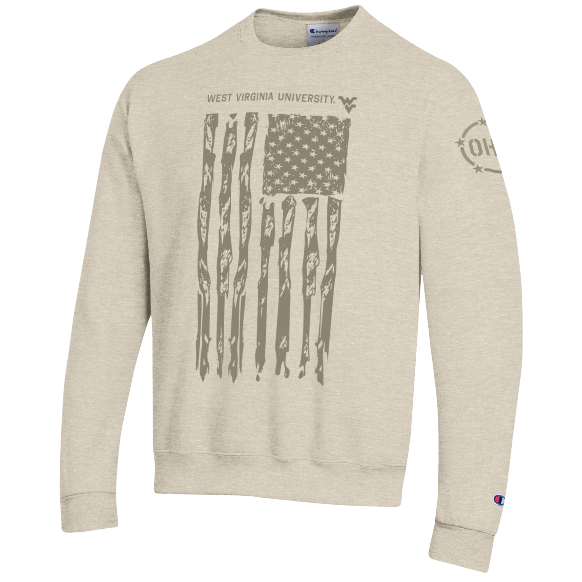 Men's Champion Oatmeal West Virginia Mountaineers Operation Hat Trick Flag Fleece Crewneck Sweatshirt