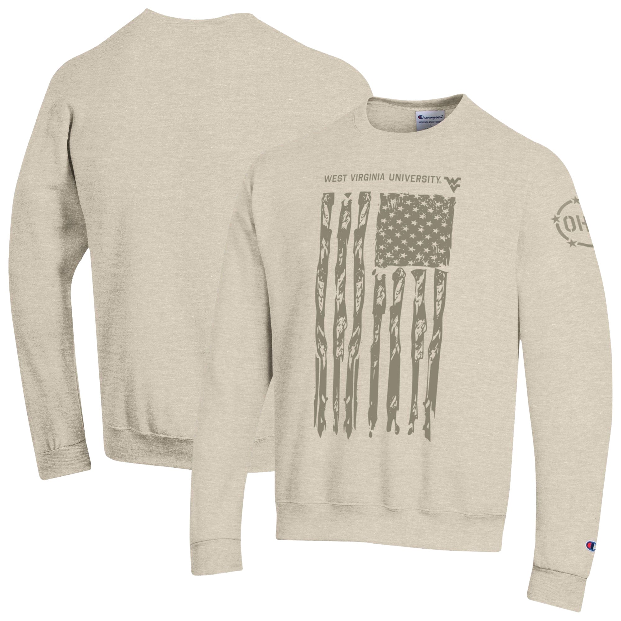 Men's Champion  Oatmeal West Virginia Mountaineers Operation Hat Trick Flag Fleece Crewneck Sweatshirt