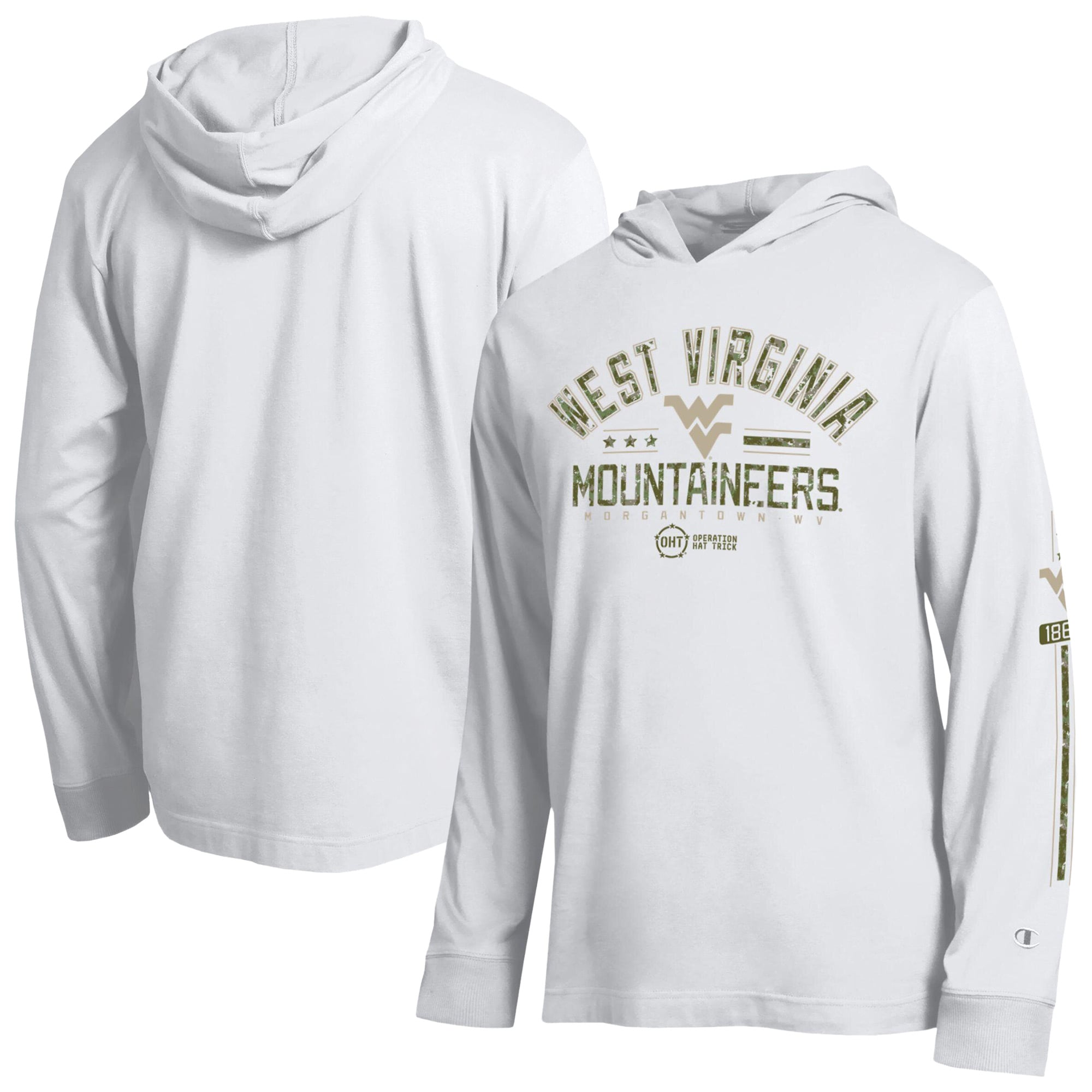 T-shirt à manches longues et capuche Champion White West Virginia Mountaineers Operation Hat Trick pour homme