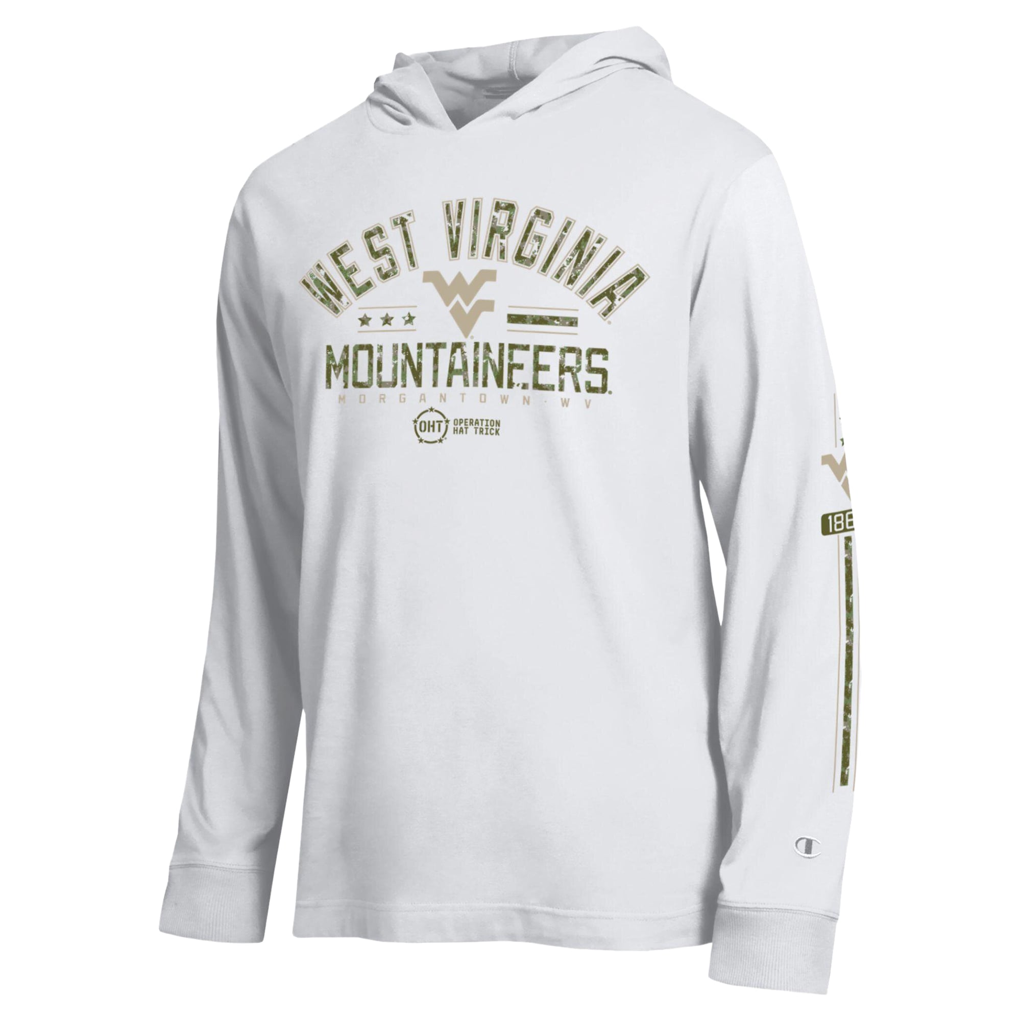 T-shirt à manches longues et capuche Champion White West Virginia Mountaineers Operation Hat Trick pour homme