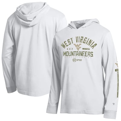  West Virginia Mountaineers Champion Operation Hat Trick Sleeve Line Hooded Long Sleeve T-Shirt - White