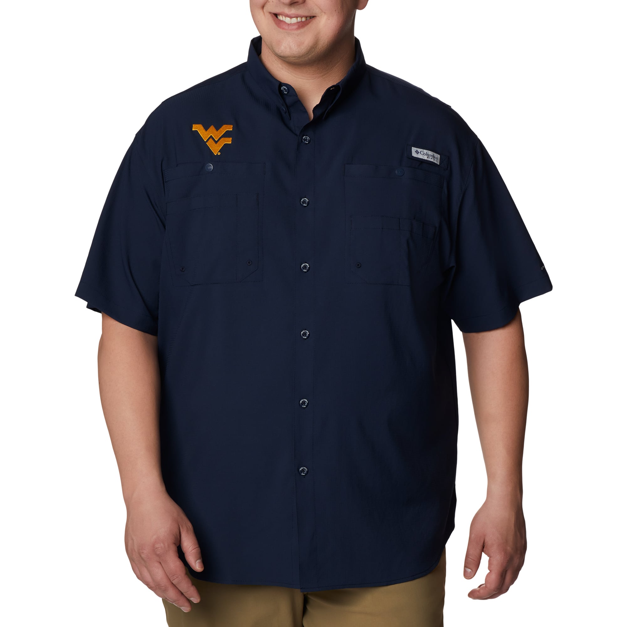 Men's Columbia Navy West Virginia Mountaineers PFG Tamiami Omni-Shade Button-Down Shirt